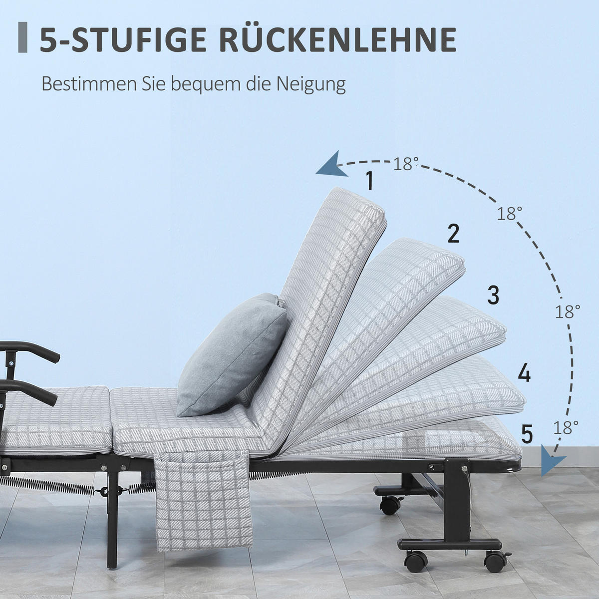 KLAPPBETT Gästebett Sessel mit 5-stufig verstellbarer Rückenlehne Hellgrau - Hellgrau, Metall - HOMCOM