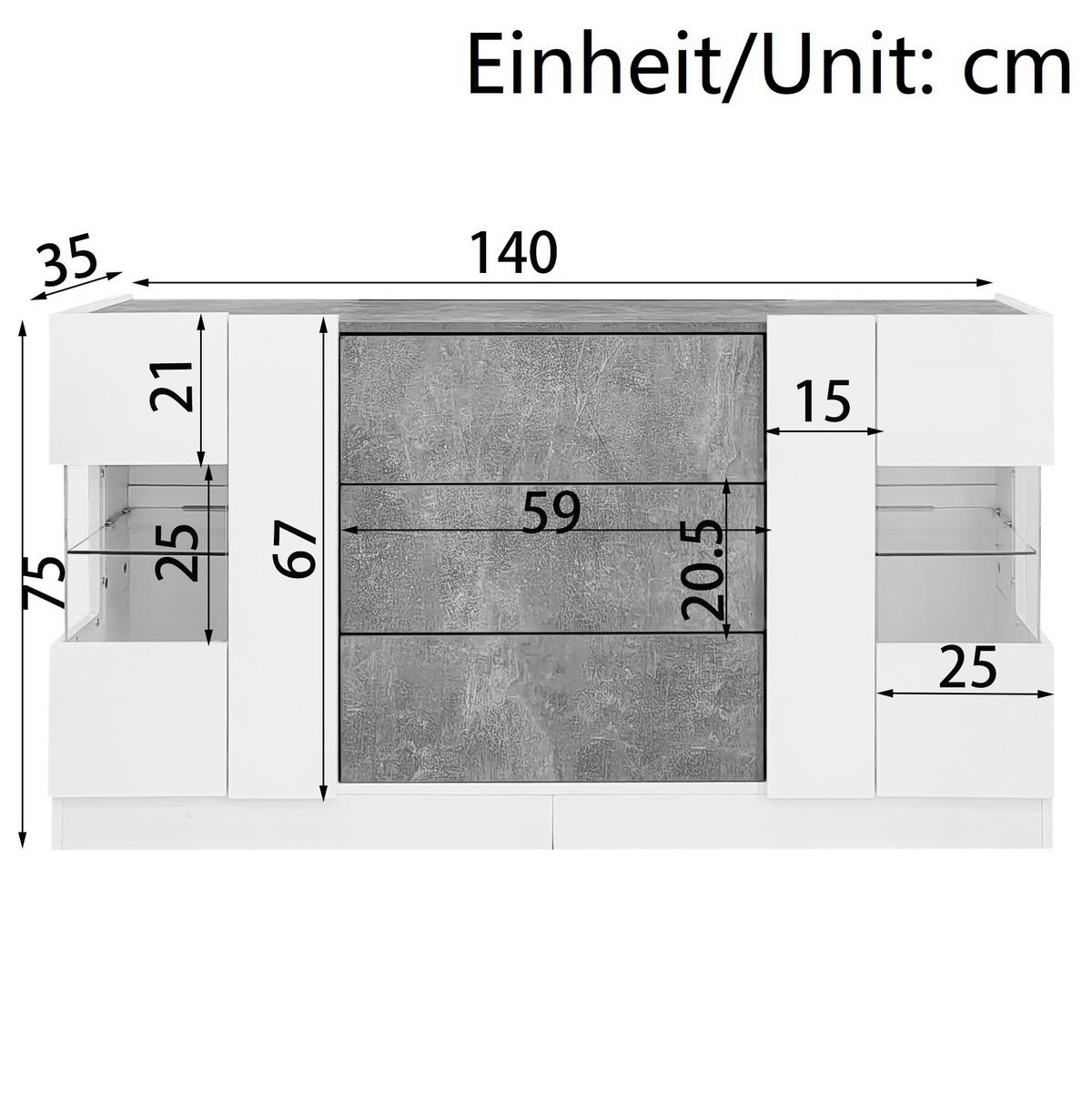 KOMMODE aus MDF, Glas & Spanplatte 140x35x75cm in Weiß mit LED - Weiß, Holzwerkstoff (140/75/35cm) - Modfu
