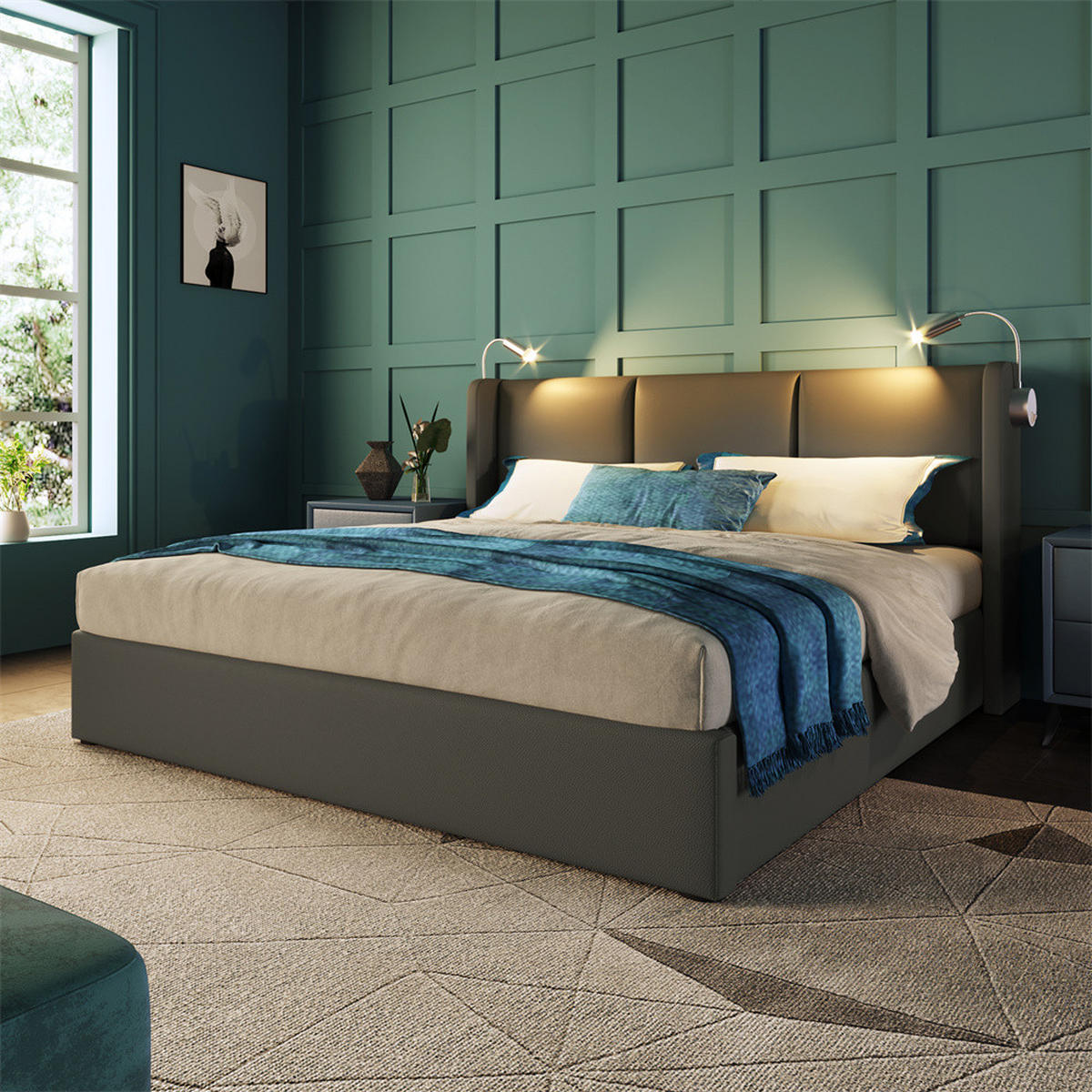 POLSTERBETT 140/200 cm in Grau PU mit mit USB Ladefunktion Kopfteil - Grau, Holz/Textil (140/200cm) - KOMHTOM