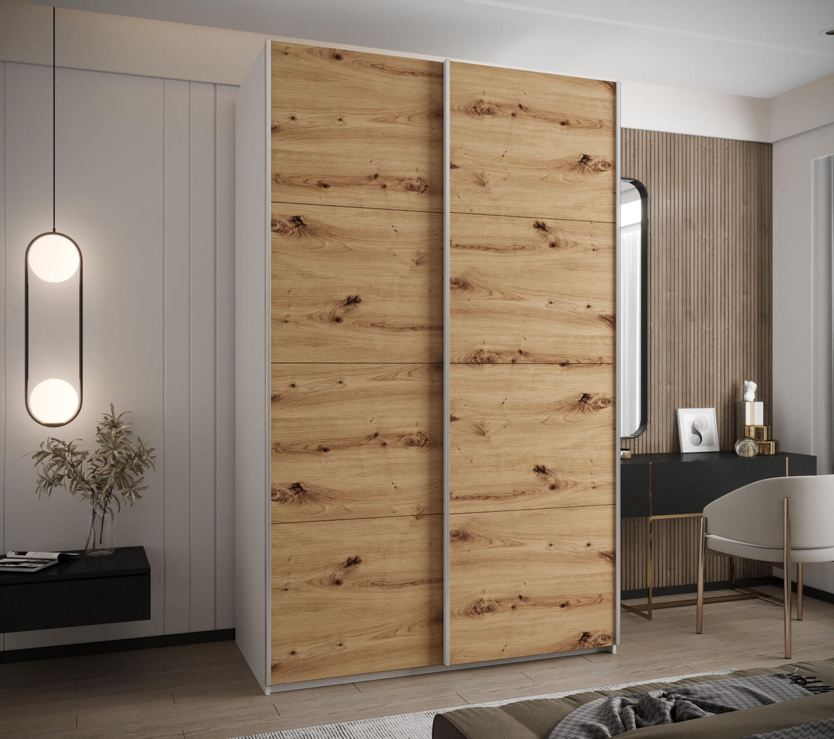SCHWEBETÜRENSCHRANK 245,5/160/64 2-türig - Silberfarben/Eiche Artisan, Holz/Metall (160/245/64cm) - Abiks Möbel