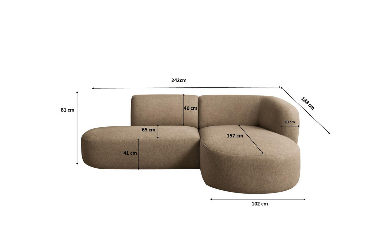 ECKSOFA L-Form Luna, stoff Lins, Cappuccino, Rechts - Cappuccino, Holz (242/188cm) - Kaiser Möbel