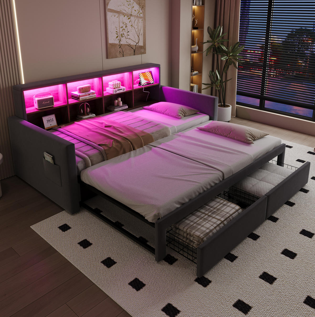 POLSTERBETT 90/190 cm aus Samt mit LED-Lichtleiste, Grau - Grau, Textil (90/190cm) - OKMYHOME