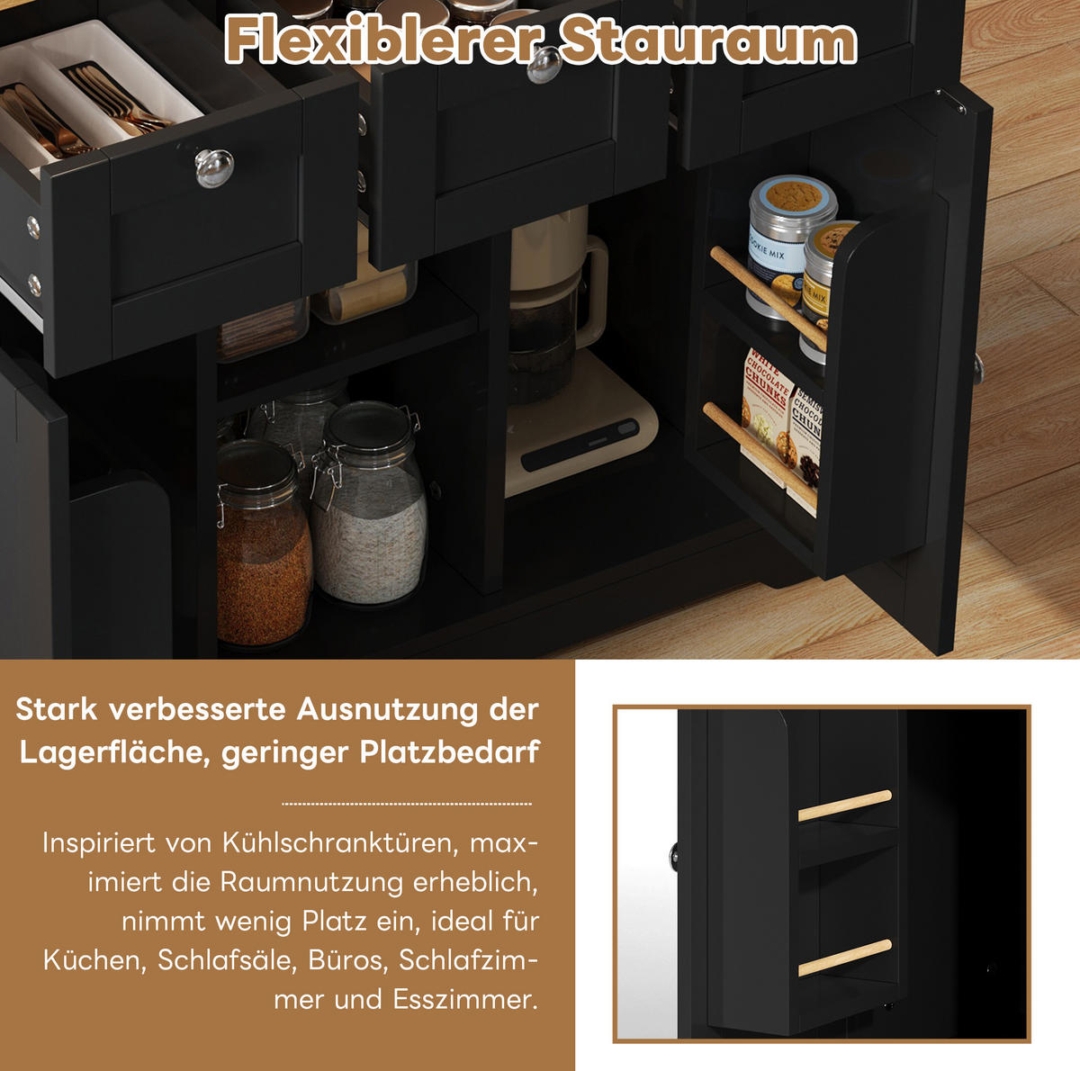 KÜCHENINSEL 132/40/87 cm in Natur/Schwarz mit klappbarer Platte und Steckdose - Schwarz, Holzwerkstoff (132/87/70cm) - Flora Grace