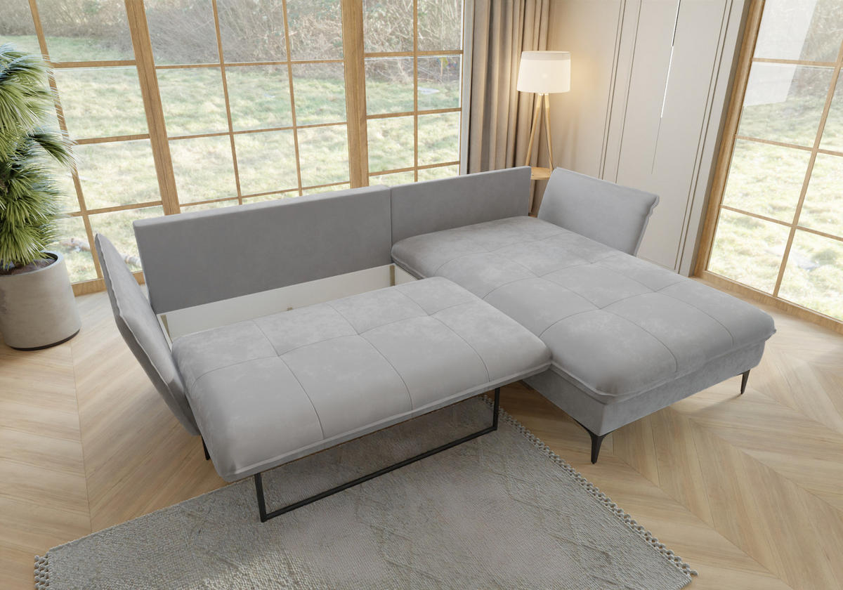ECKSOFA Mira Hellgrau Samt-Stoff - Hellgrau/Schwarz, Textil/Metall (260/168cm) - S-Style Möbel