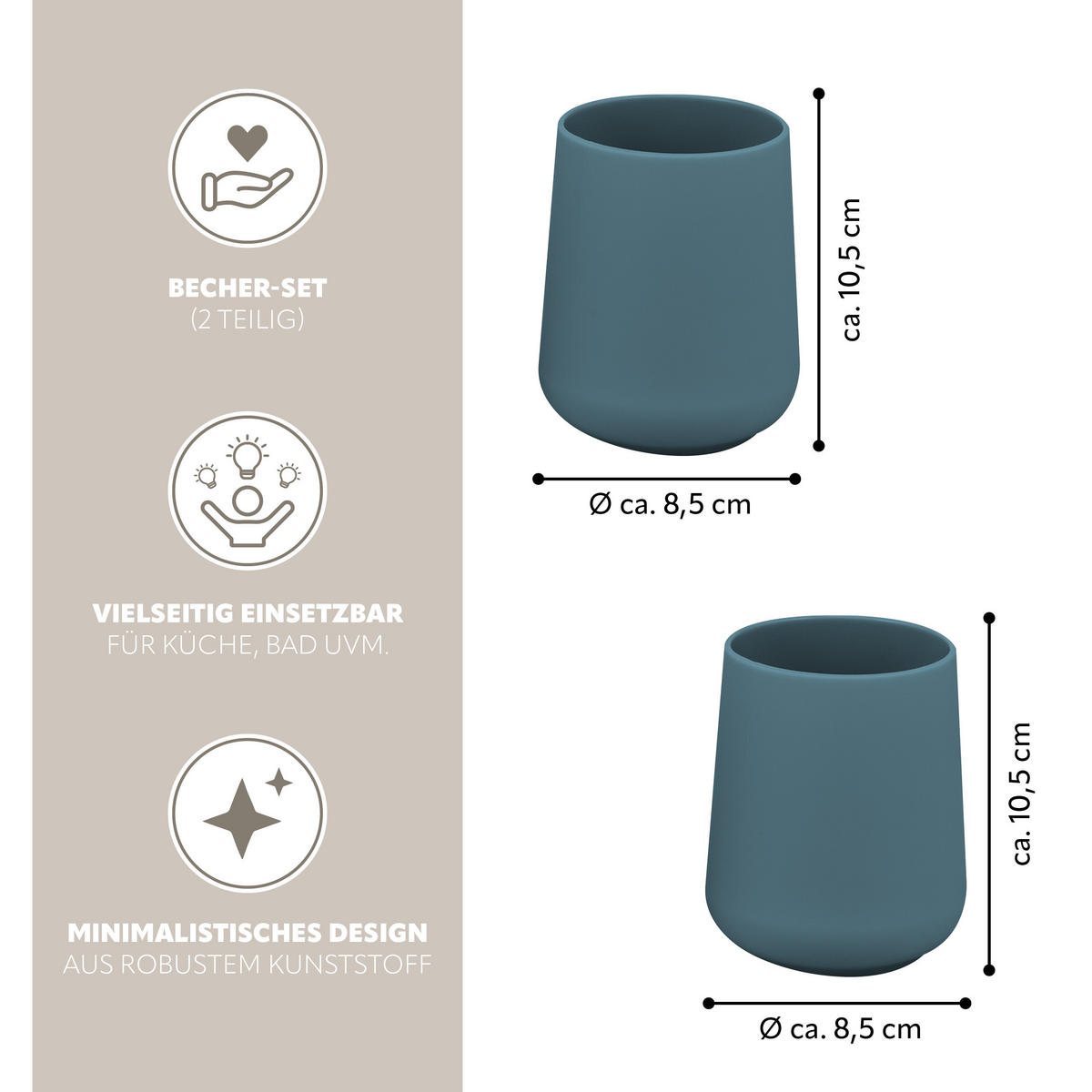 BECHER-SET TESERO 2tlg., Soft-Touch, blau - Blau, Kunststoff (8.5/10.5/8.5cm) - eluno