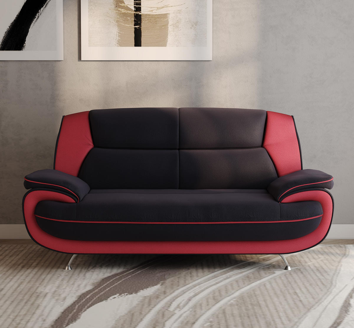 SOFA 2-Sitzer, Stoff Soft, Schwarz + Rot, Palermo - Schwarz, Holz (168/89/87cm) - Kaiser Möbel