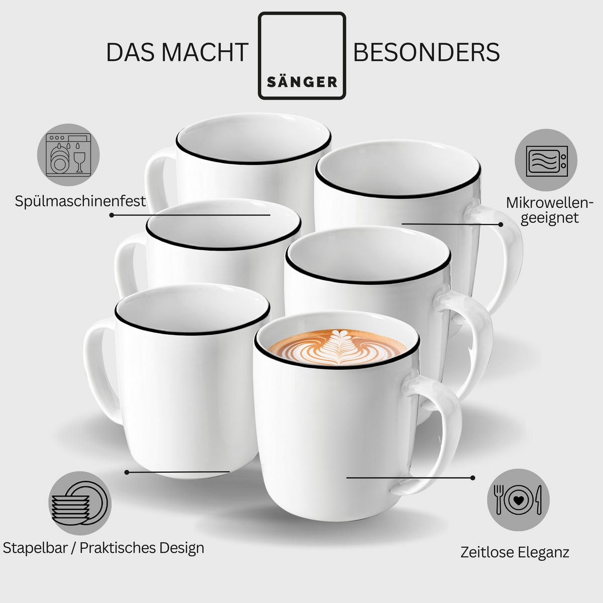 KAFFEEBECHER MARLO BLACK RIM - 6 teilig aus Porzellan - Weiß, Keramik (0.35L) - Sänger