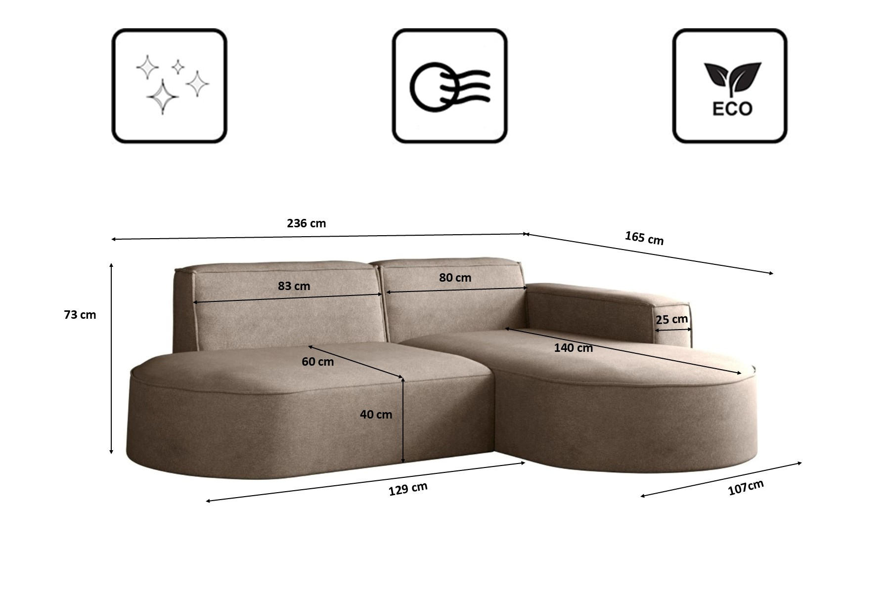 Thumbnail - Kaiser Möbel Ecksofa, Cappuccino, Textil, 3-Sitzer, Füllung: Komfortschaum, L-Form,L-Form, 236x165 cm, Wohnzimmer, Sofas...