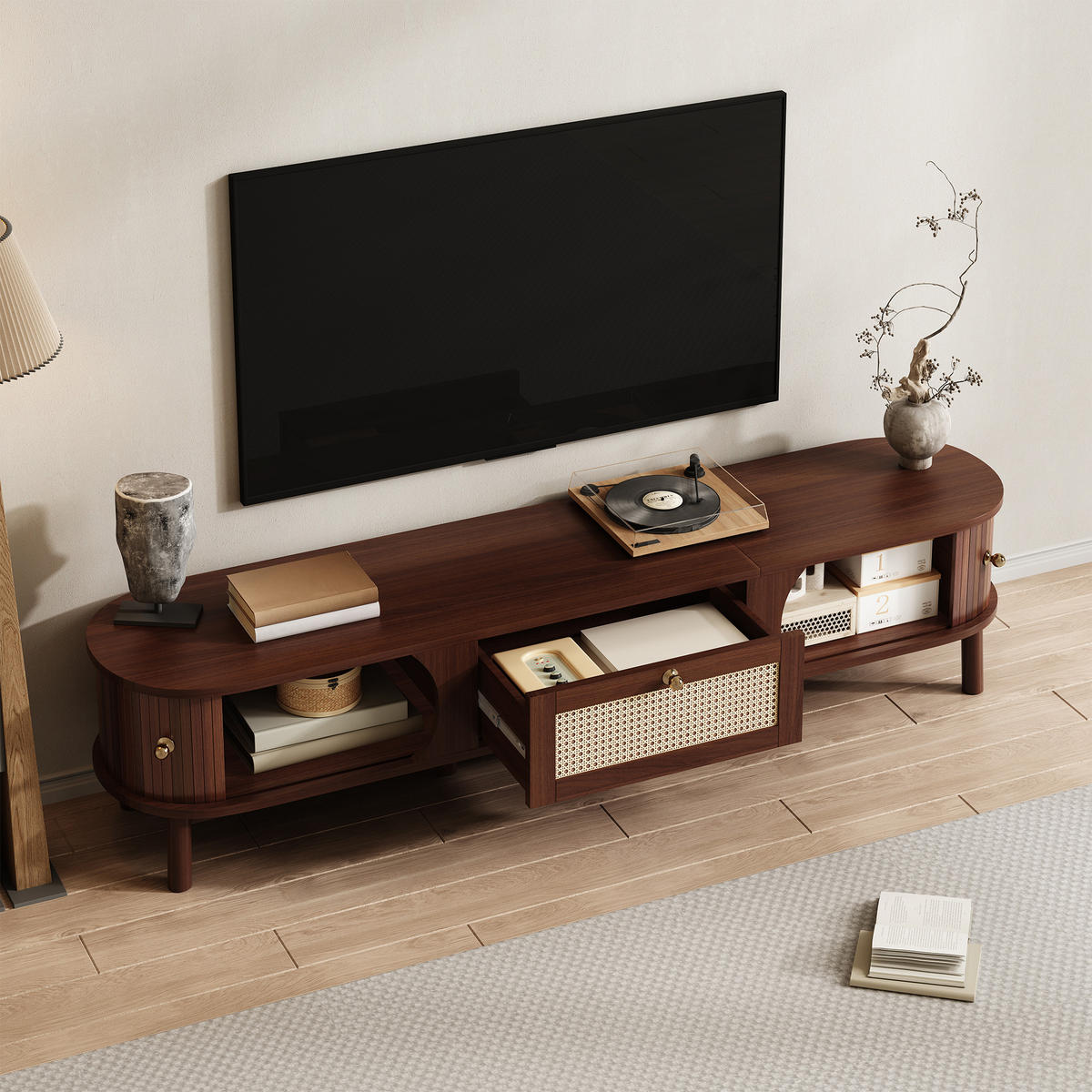 TV-SCHRANK mit Rattan-Schubladen und Türen in Holzoptik 170/38/39.5 cm - Eichefarben, Holzwerkstoff (170/38/39.5cm) - Redom