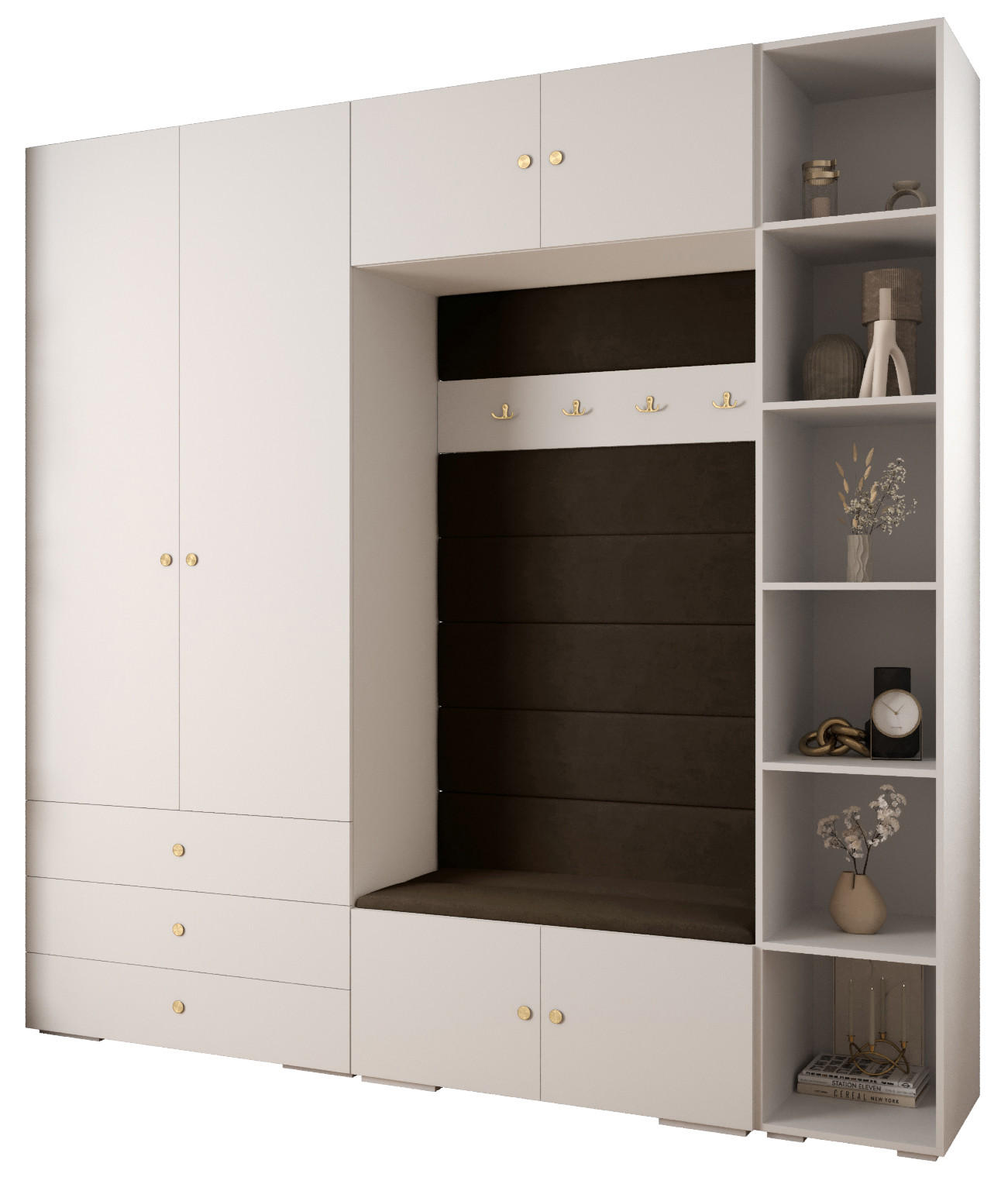 Abiks Möbel Garderoben-Set Weiß, Braun, Gold 240x236.7x47 cm
