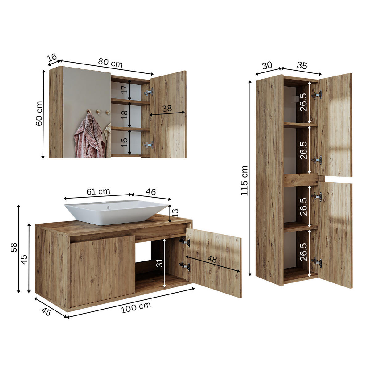 BADMÖBEL Set ATLANTIC-100 4-teilig - Eichefarben, Holzwerkstoff (100/150/45cm) - Roomart