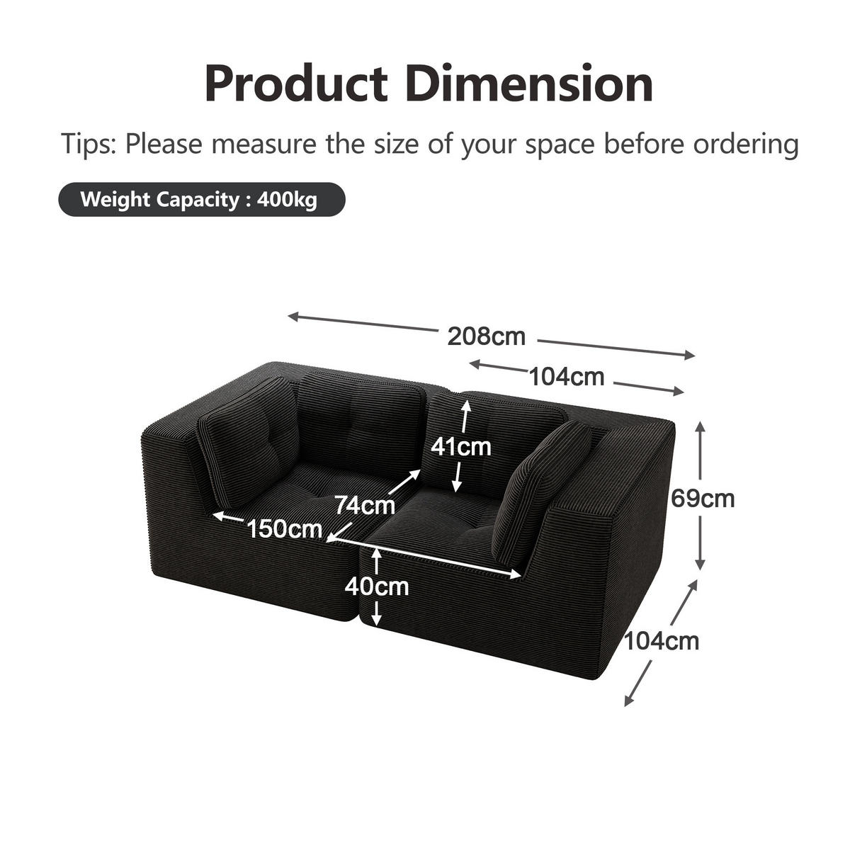 ECKSOFA modular mit 74 cm Sitztiefe Cord Black - Schwarz, Kunststoff (104/69/208cm) - Meubliv