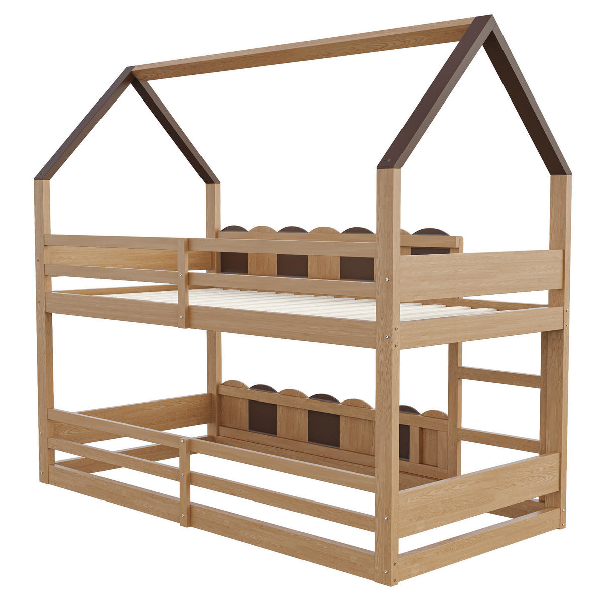 ETAGENBETT aus Holz 90x200 cm Naturholz mit Hausdesign, Sicherheitsgeländern und Lattenrost - Naturfarben, Holz (90/200cm) - Modfu