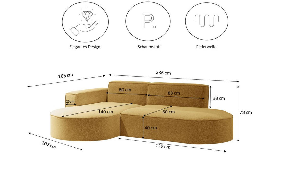 ECKSOFA Modernes L-förmiges Modena Studio Stoff Raven Gelb Rechts - Gelb, Holz/Textil (236/165cm) - Kaiser Möbel