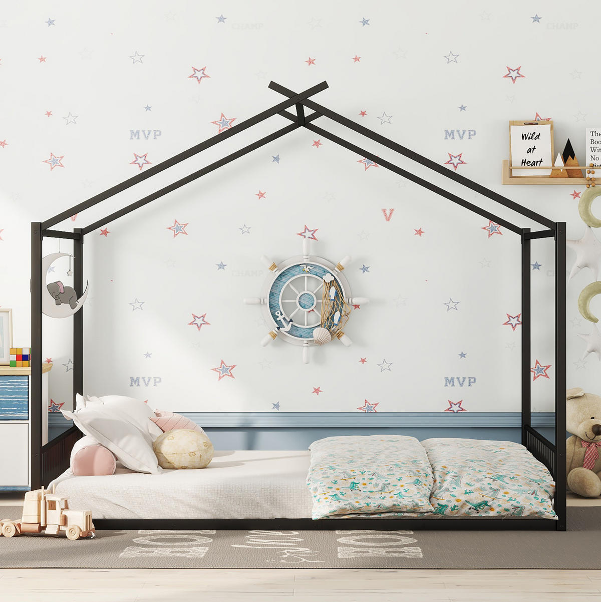 KINDERBETT aus Metall 140x200 cm Schwarz in Hausform mit 14 Lattenrosten - Schwarz, Metall (140/200cm) - IVMEU