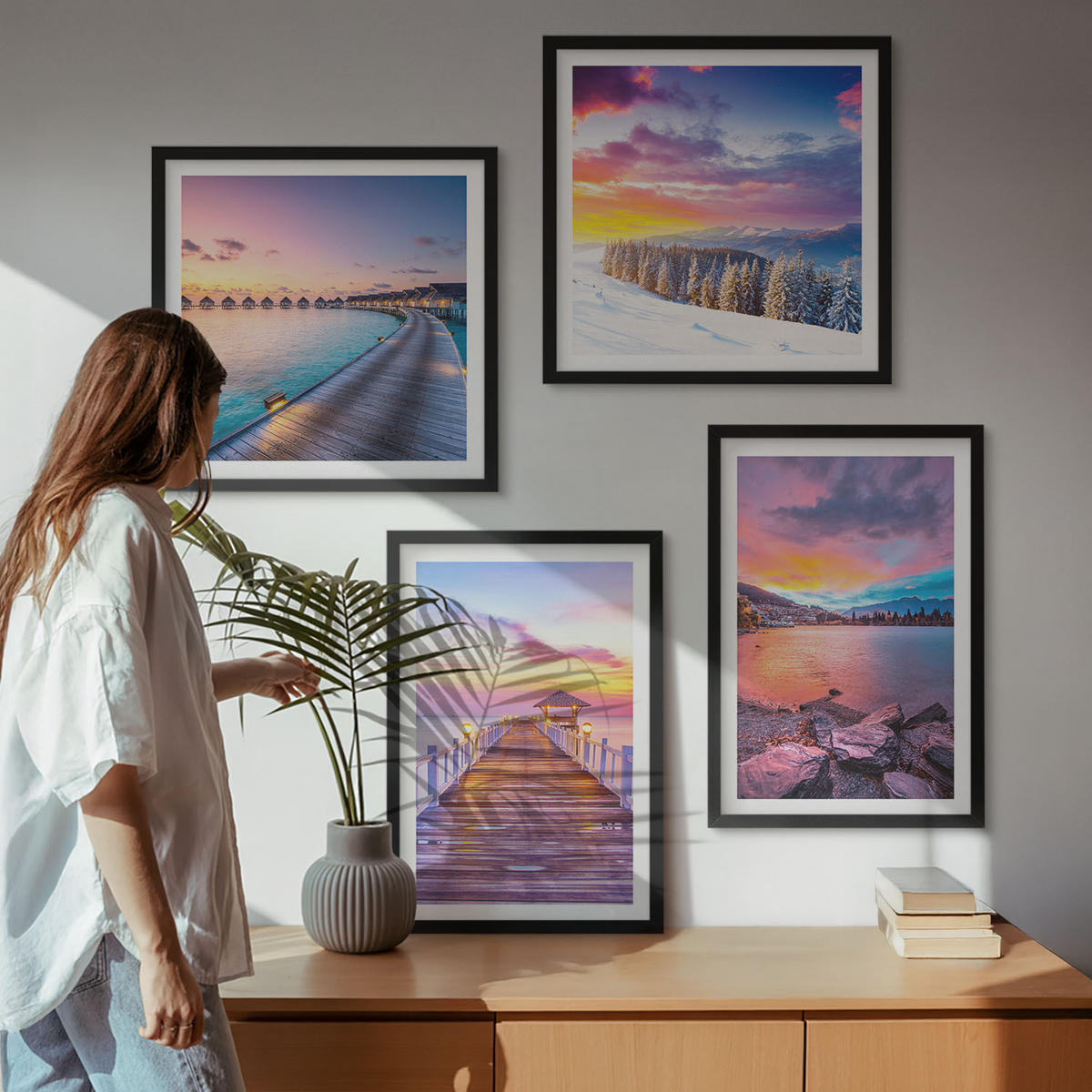 BILDER SET 4er Set - 50x50 cm & 40x60 cm Schwarzer Rahmen - Winterlandschaft des Pierbergs - Schwarz, Kunststoff (50/50cm) - TULUP