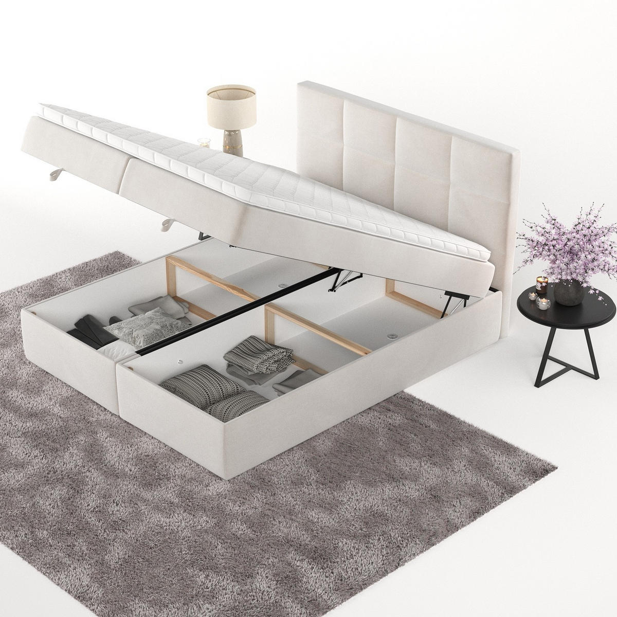 BOXBETT Velto 200/200 cm Creme im Paros Stoff - Creme/Schwarz, Holz/Holzwerkstoff (200/200cm) - AltaBeds