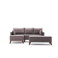 ECKSOFA mit Hocker als Schlaffläche, perfekt für kleine Räume - Taupe/Walnussfarben, Holz/Kunststoff (205/140cm) - myHomelando