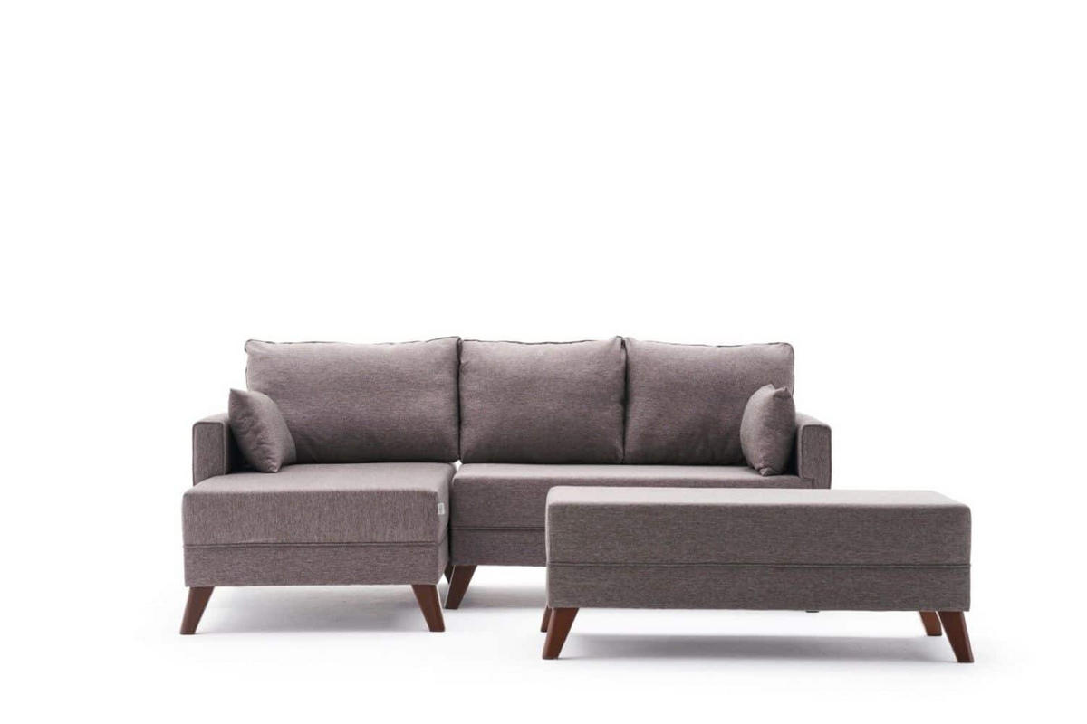 ECKSOFA mit Hocker als Schlaffläche, perfekt für kleine Räume - Taupe/Walnussfarben, Holz/Kunststoff (205/140cm) - myHomelando