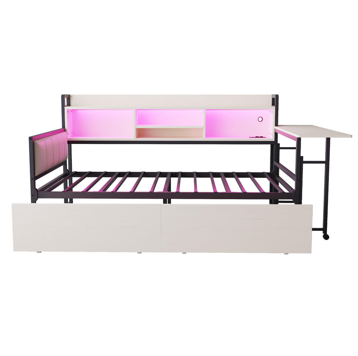 BETT 90/200 cm mit LED-Beleuchtung und Schreibtisch Weiß - Weiß, Metall (90/200cm) - OKWISH