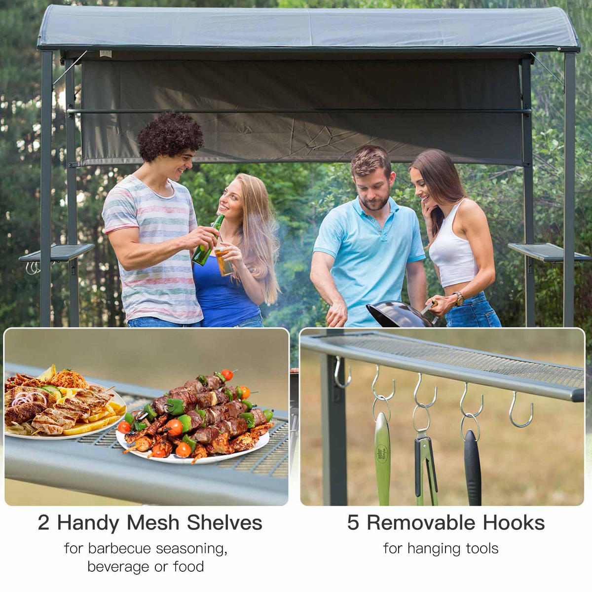 GRILLPAVILLON, Polyester, Schwarz - Grau, Metall (138/216/218cm) - Outsunny