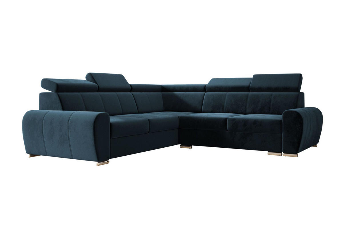 ECKSOFA APOLLO,mit Schlaffunktion und Bettkasten, Farbe: Blau, Velourstoff, Ottomane Links - Blau, Textil (255/255cm) - O-Sofa