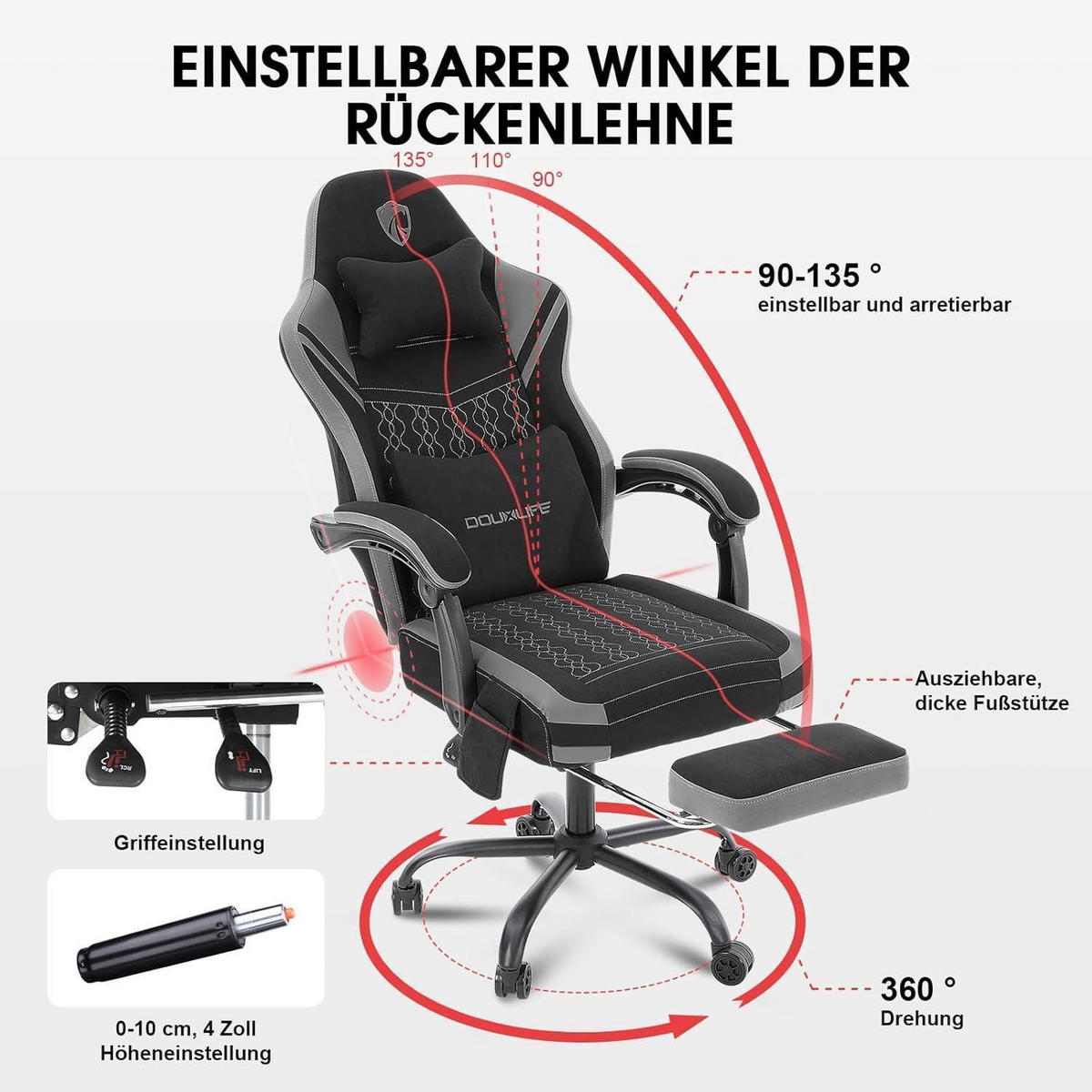 GAMING Stuhl Stoff mit Massagefunktion und Fußstütze Grau - Grau, Textil (81.5/28.5/56cm)