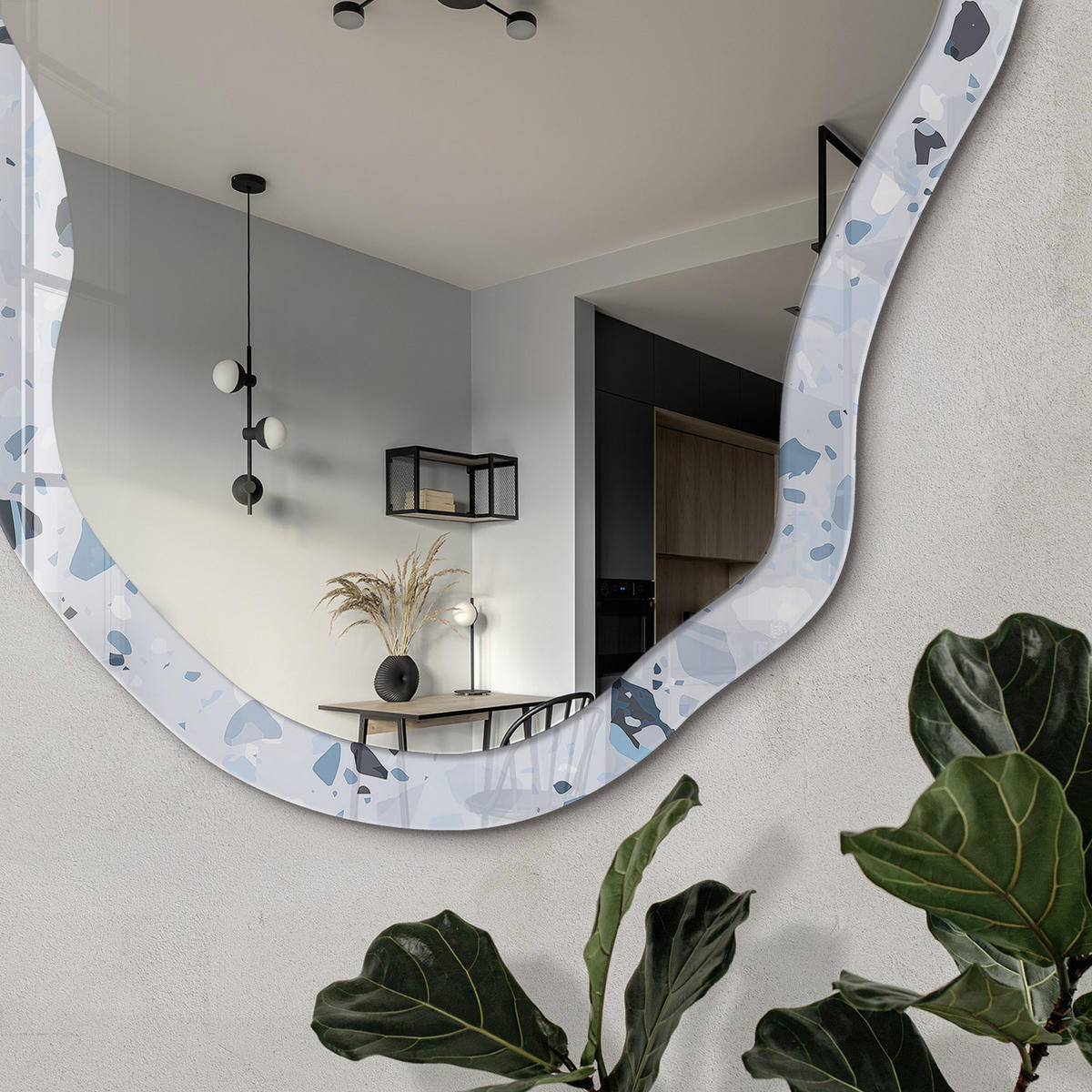 SPIEGEL 90x45 cm asymmetrisch mit Druck - Blauer Terrazzo - Transparent, Glas (45/90/0.4cm) - TULUP
