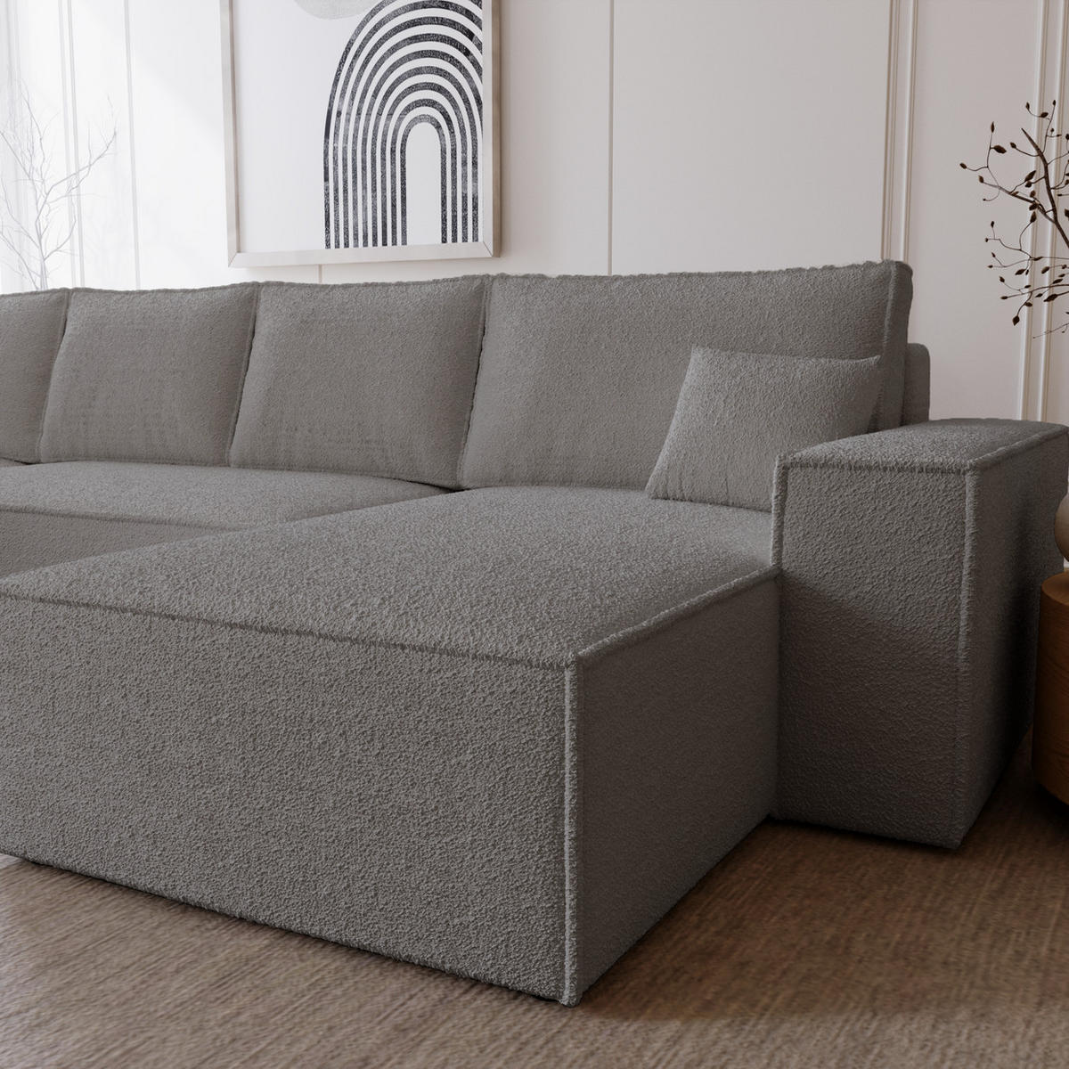 ECKCOUCH Bergamo U Bouclé mit Schlaffunktion, 380 cm, Dunkelgrau - Dunkelgrau, Holz (377/189cm) - Emporius