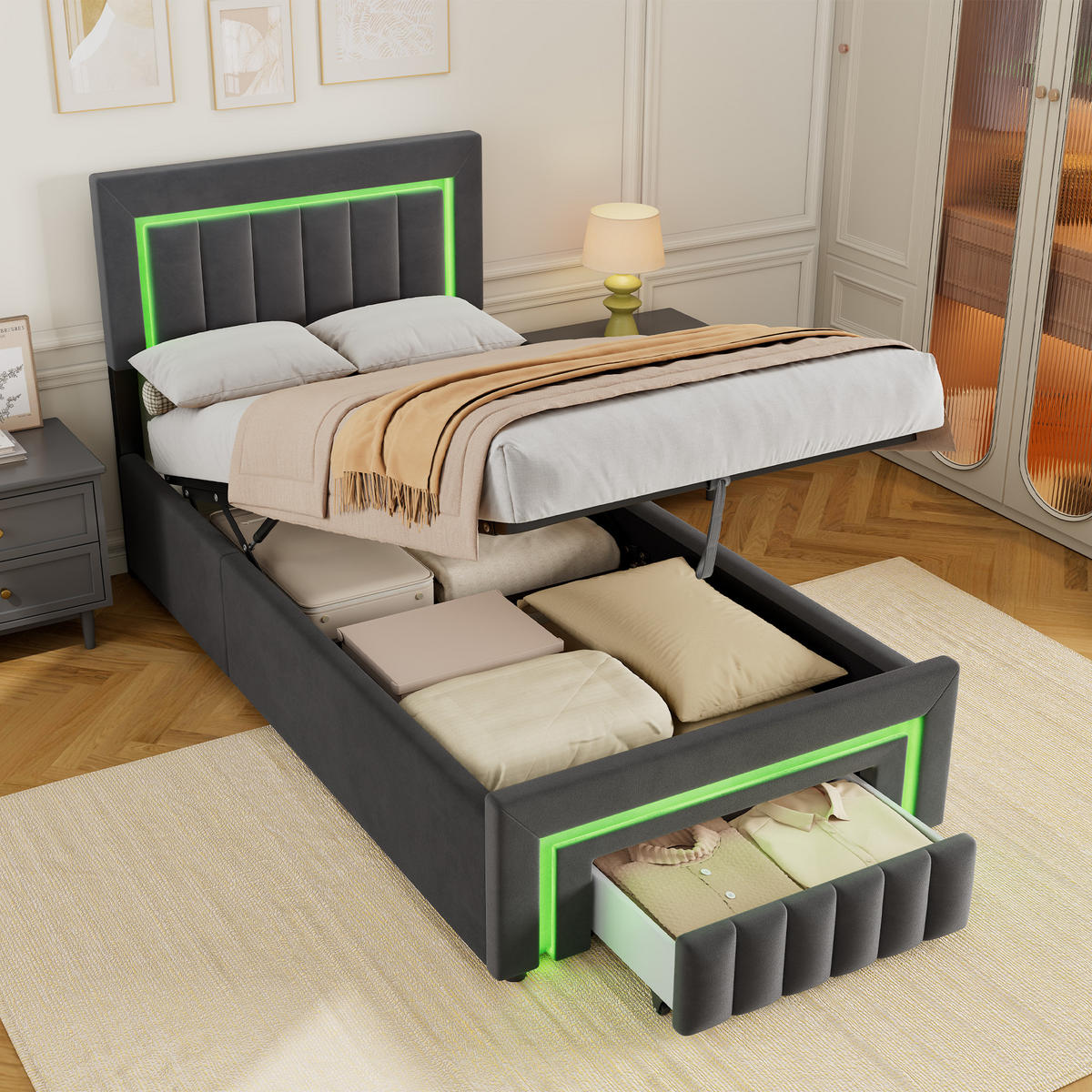 POLSTERBETT 90/190 cm mit hydraulischem Bettkasten, Schublade mit Rollen, LED-Beleuchtung, Grau - Grau, Textil (90/190cm) - Redom