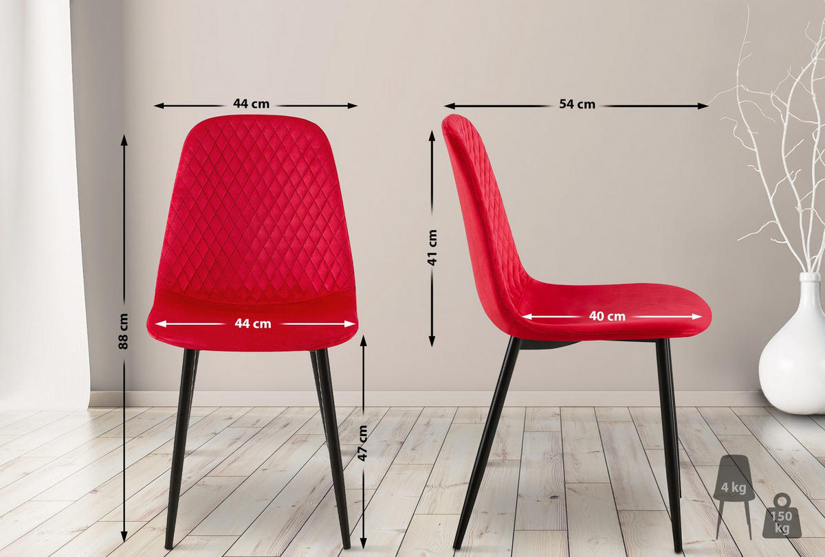 STUHL Samt Rot - Rot/Schwarz, Textil/Metall (44/88/54cm) - CLP