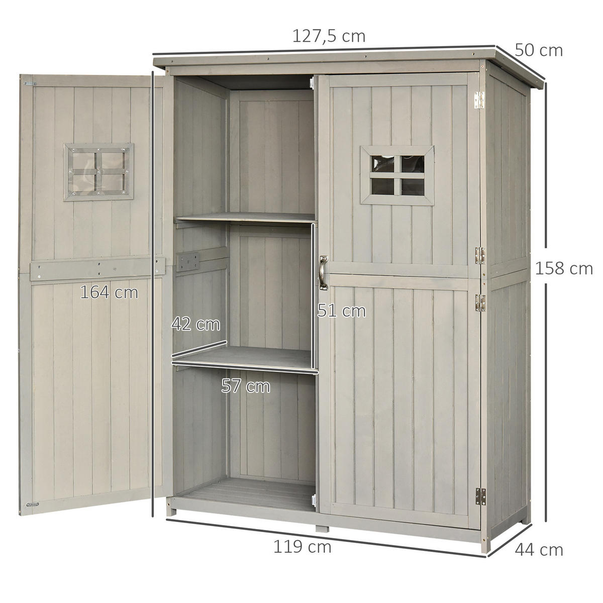 GERÄTESCHUPPEN DE-17565 2 Türen, 2 Fenster mit Bitumendach Grau - Grau, Holz (127.5/164/50cm) - ComfortXL