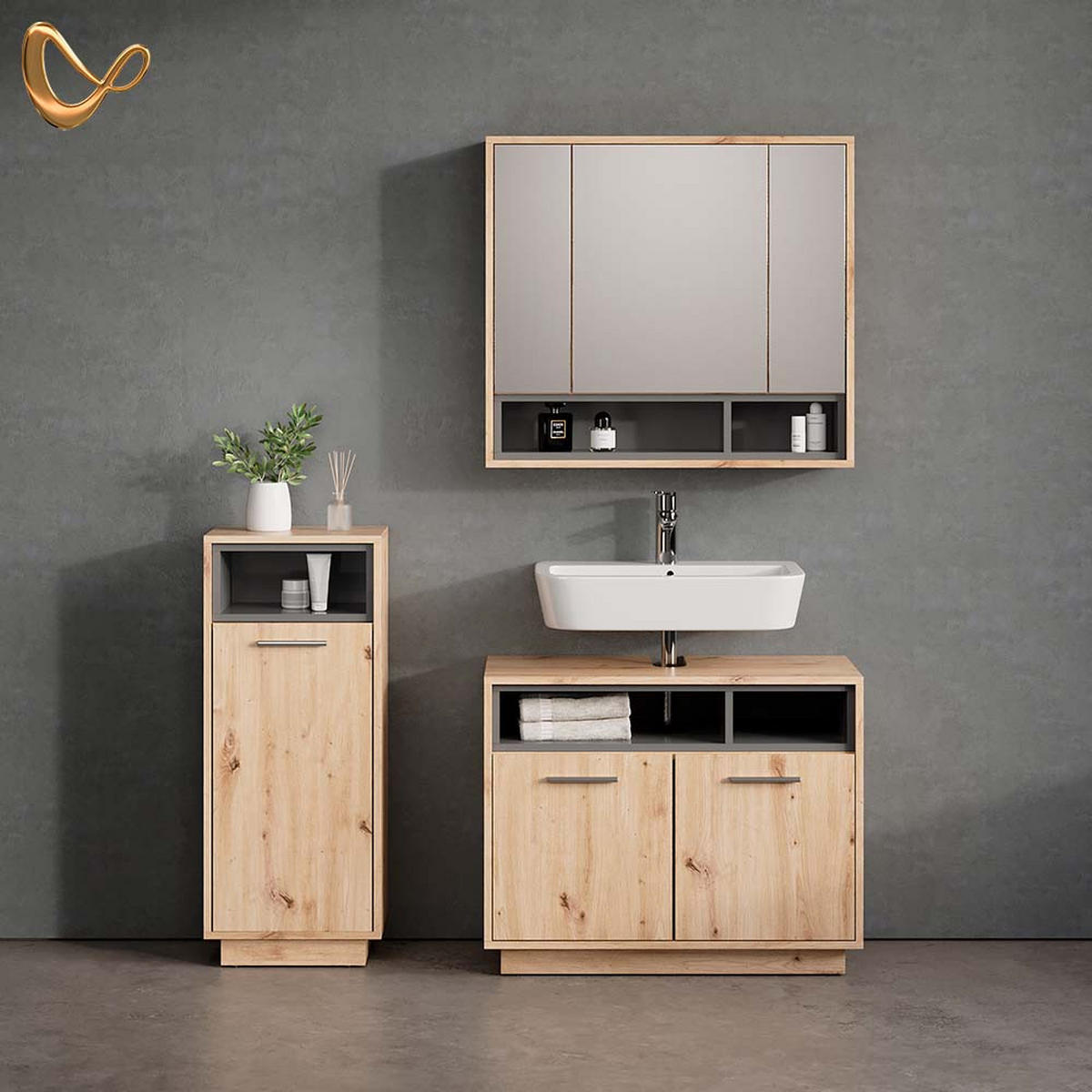 BADSPIEGELSCHRANK Temo Artisan Eiche/Anthrazit 80 x 72 cm - Anthrazit/Eiche Artisan, Holzwerkstoff (80/72/20cm) - Livinity®