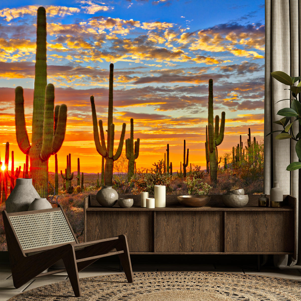 FOTOTAPETE für Wohnzimmer Wüsten Sonnenuntergang Kaktus Pflanzen 250x175 - Gelb/Beige, Papier (250/175cm) - Muralo