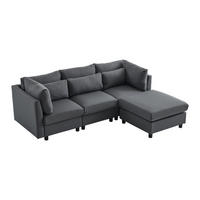 ECKSOFA Leinenstoff mit Fußhocker und Rücken Armlehnenkissen 220/83/81 cm Grau - Grau, Textil (81/83cm) - Redom