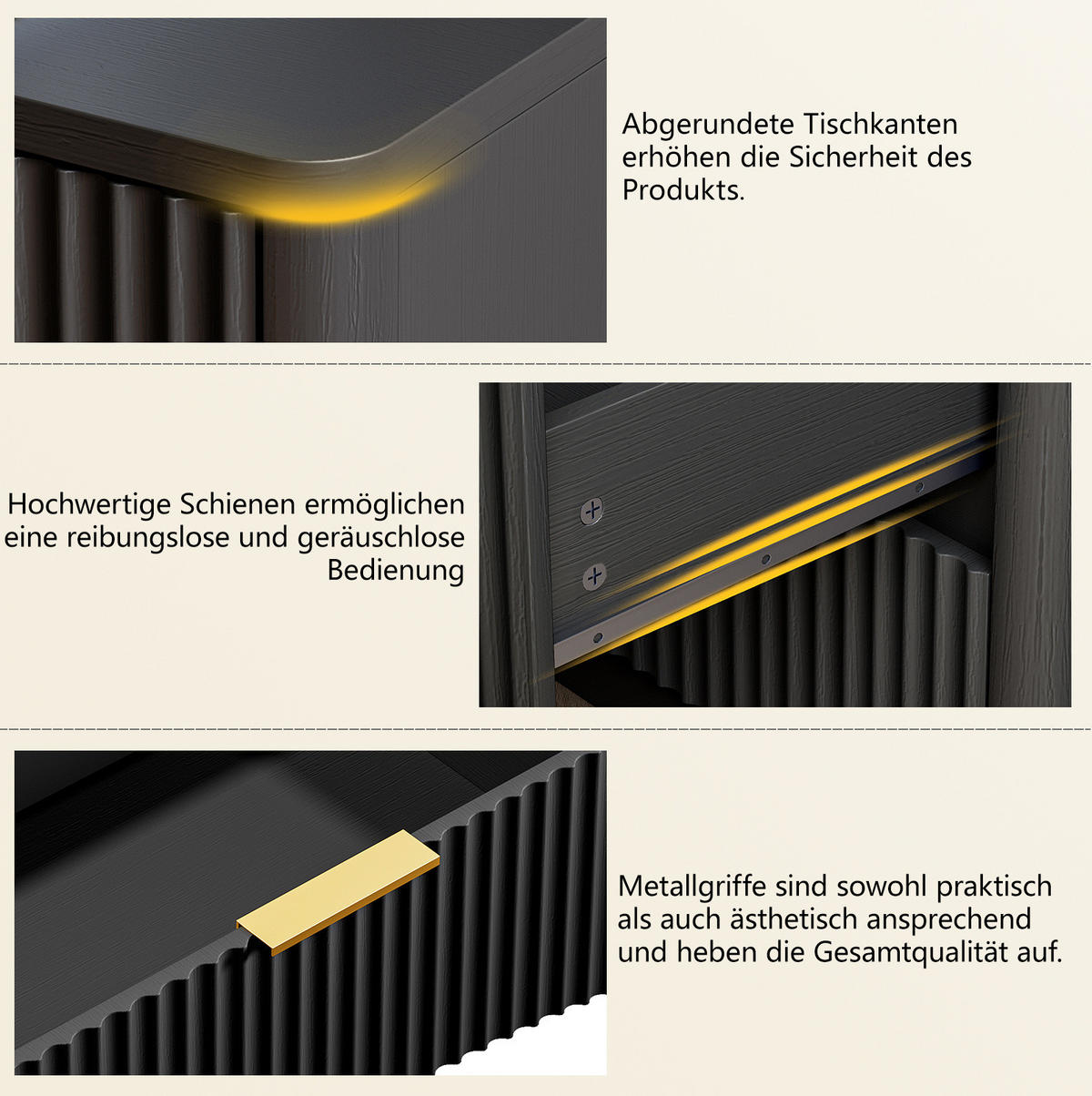 NACHTTISCH 58/64/38 cm Schwarz aus MDF mit 3 Schubladen - Schwarz, Holzwerkstoff (58/64/38cm) - OKMYHOME