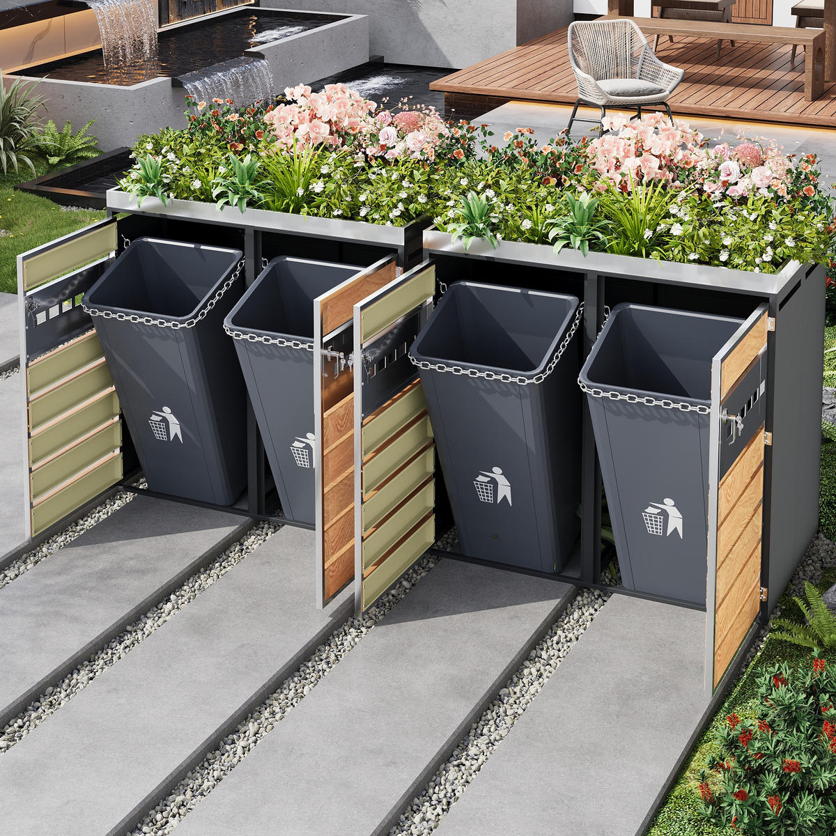 MÜLLTONNENBOX Vier Türen Holzmaserung/Grau - Braun, Metall (132/108/80cm) - ComfortXL