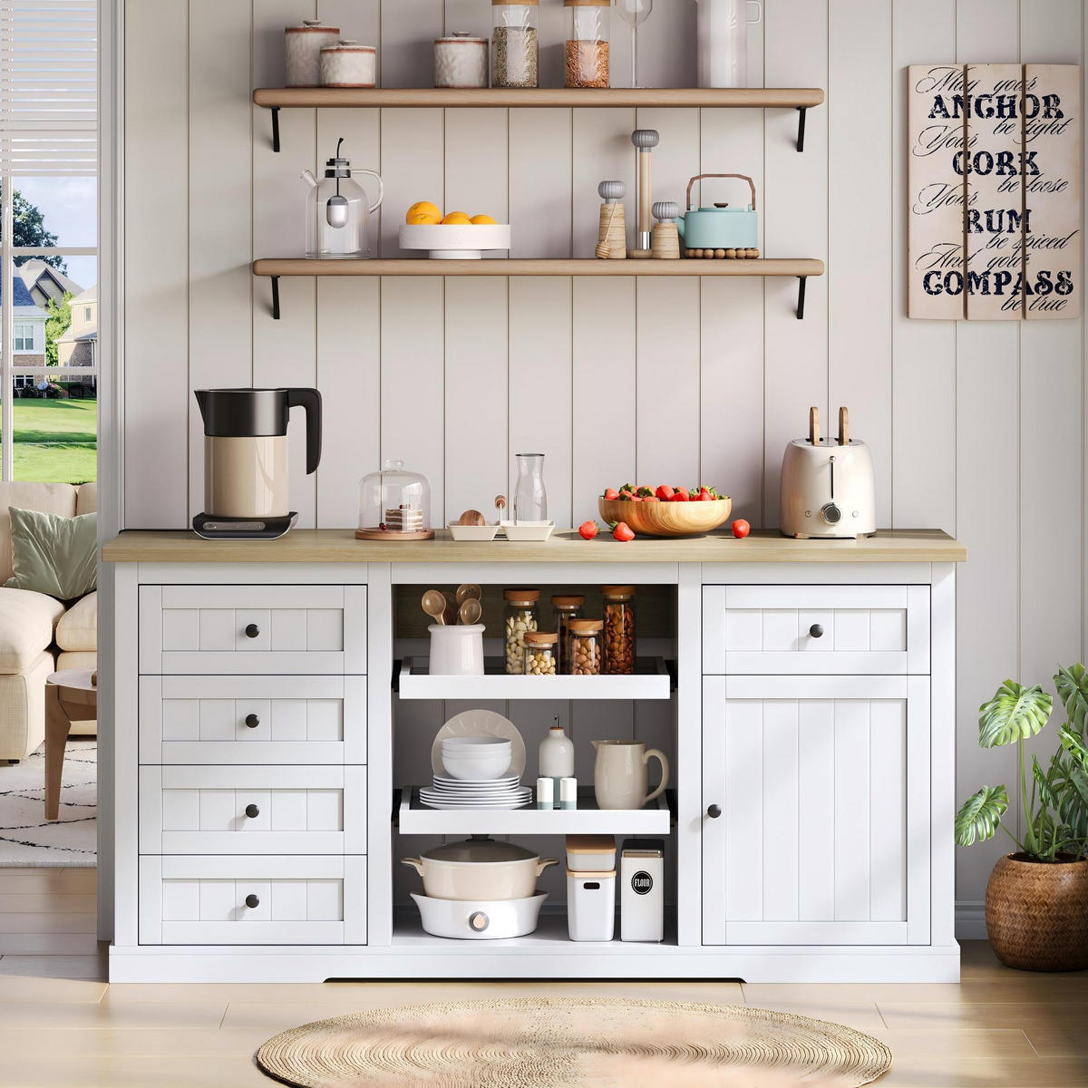 SIDEBOARD 150/65/75.5 cm Weiß mit 5 Schubladen und 2 Ausziehböden - Weiß, Holz (150/75.5/65cm) - Oxeza