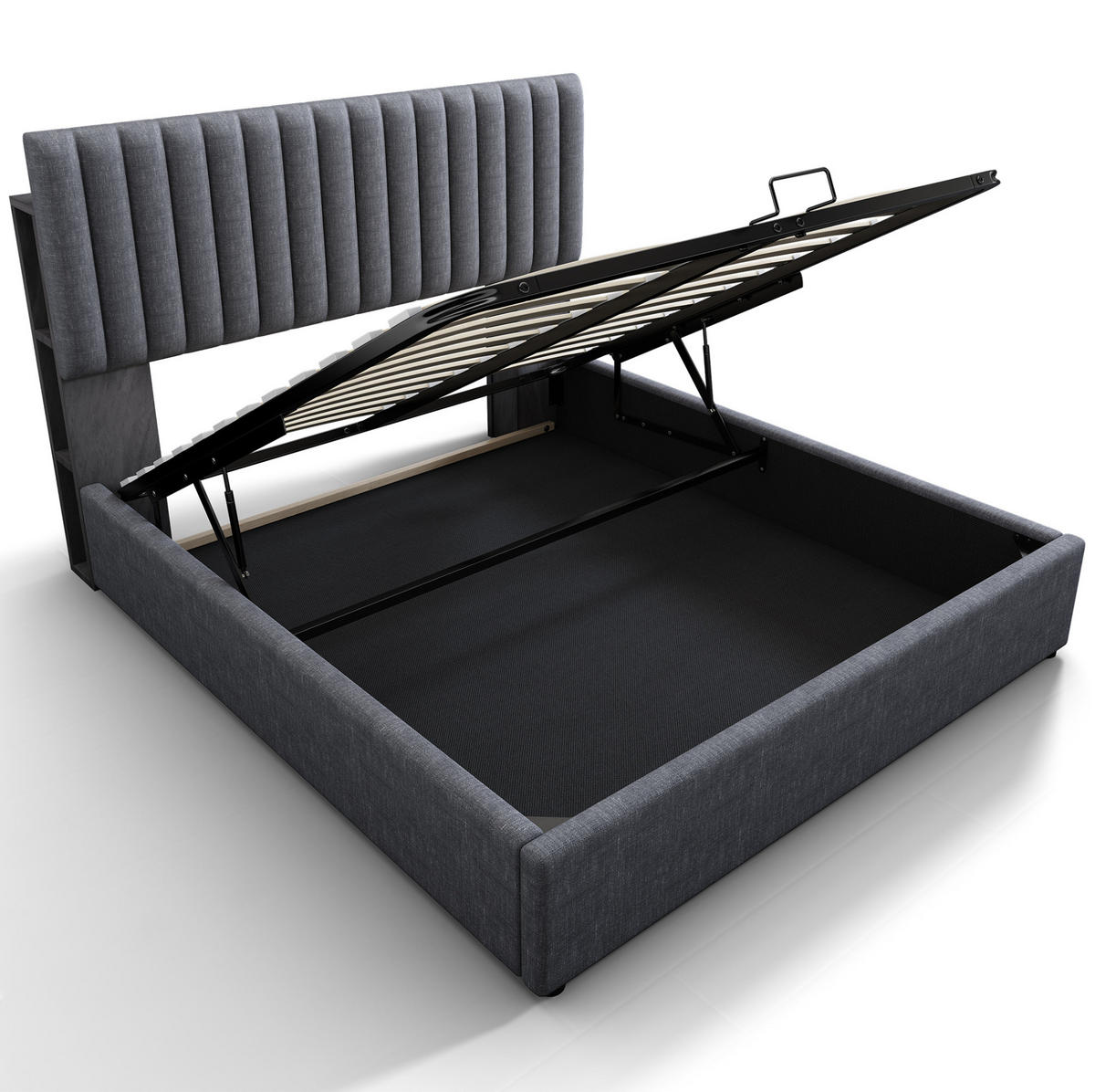 POLSTERBETT aus Leinen 160x200 cm in Grau mit Matratze, LED & USB-C - Grau, Textil (160/200cm) - Modfu