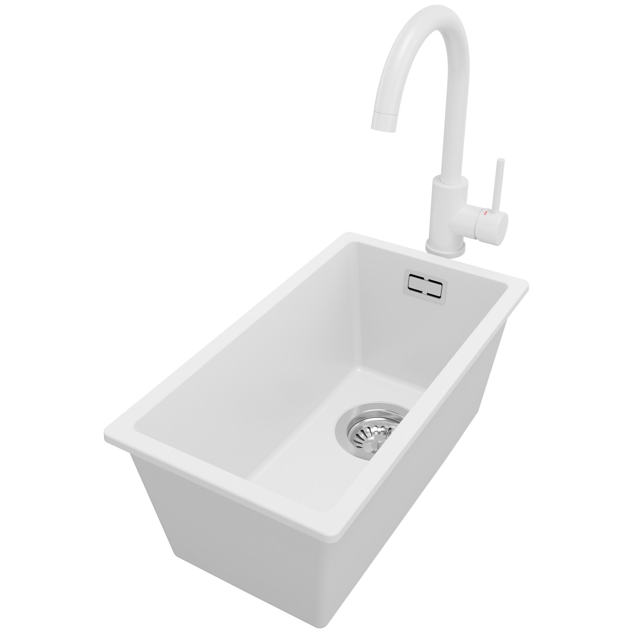 GRANITSPÜLE London Slim, 2-er set Weiß 26/47 cm 1 Becken + Küchenarmatur 32/20 cm + Ablauf-Set ab 30er Unterschrank - Chromfarben/Weiß, Kunststoff (26/20/47cm) - Primagran