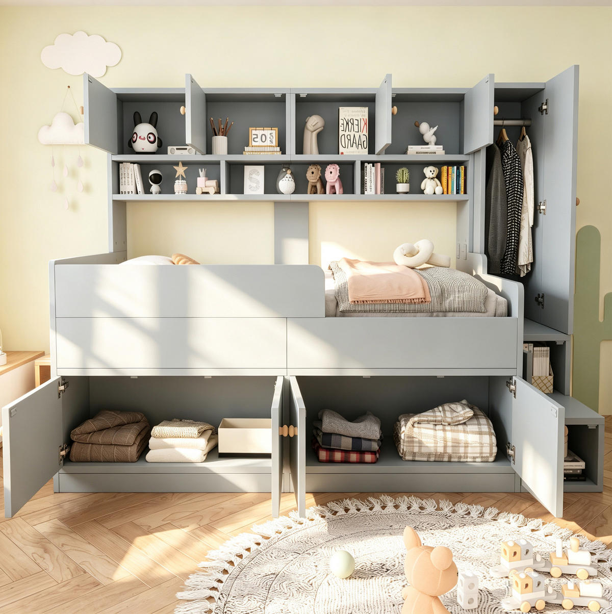 KINDERBETT Holz 90x200 cm Grau mit Stauraum, Leiter, Kleiderschrank und LED-Beleuchtung - Grau, Holz (90/200cm) - Modfu