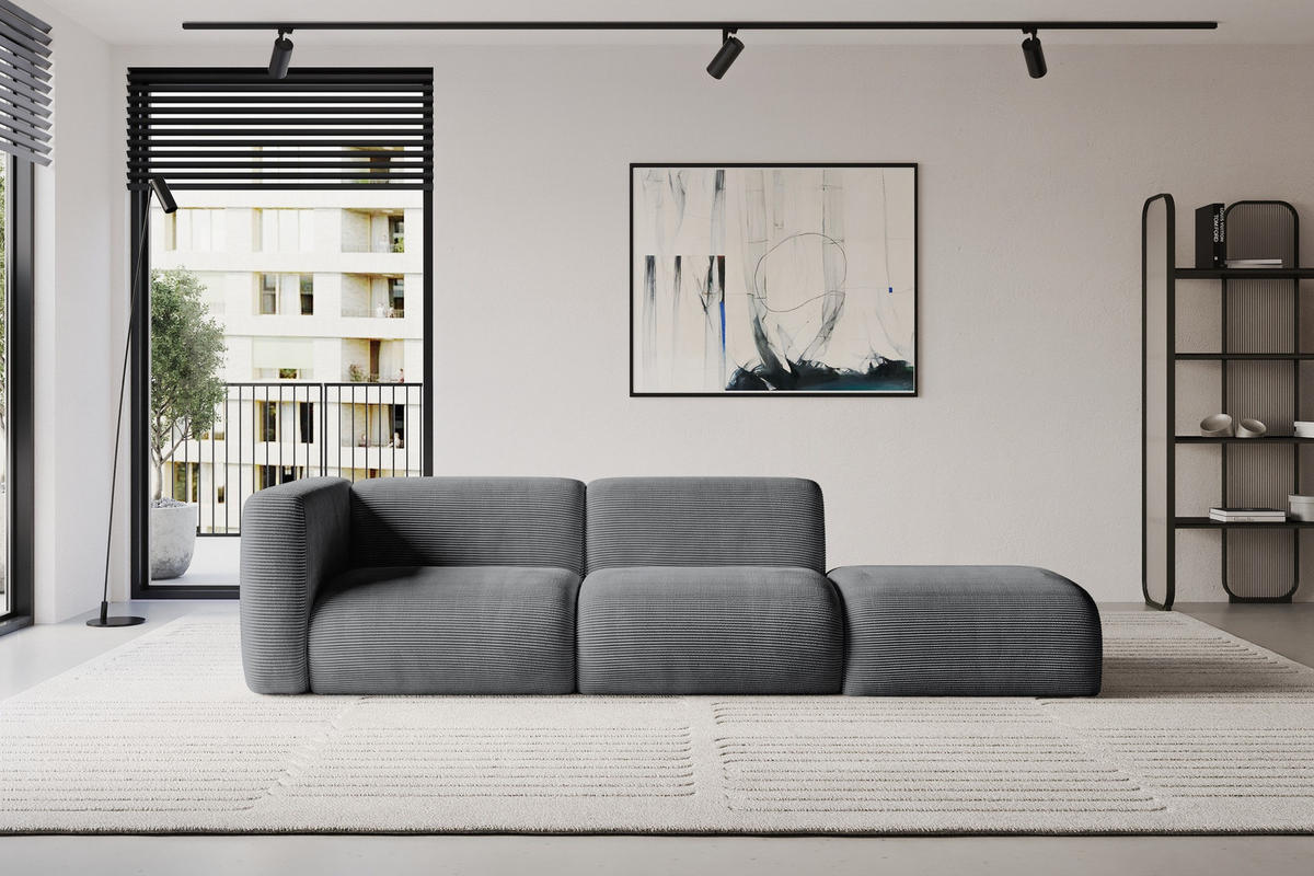 SOFA Ottomane Links MIRA-S3 296x89x70 Dunkelgrau Cord - Dunkelgrau/Schwarz, Holzwerkstoff/Kunststoff (296/70/89cm) - ALTDECOR