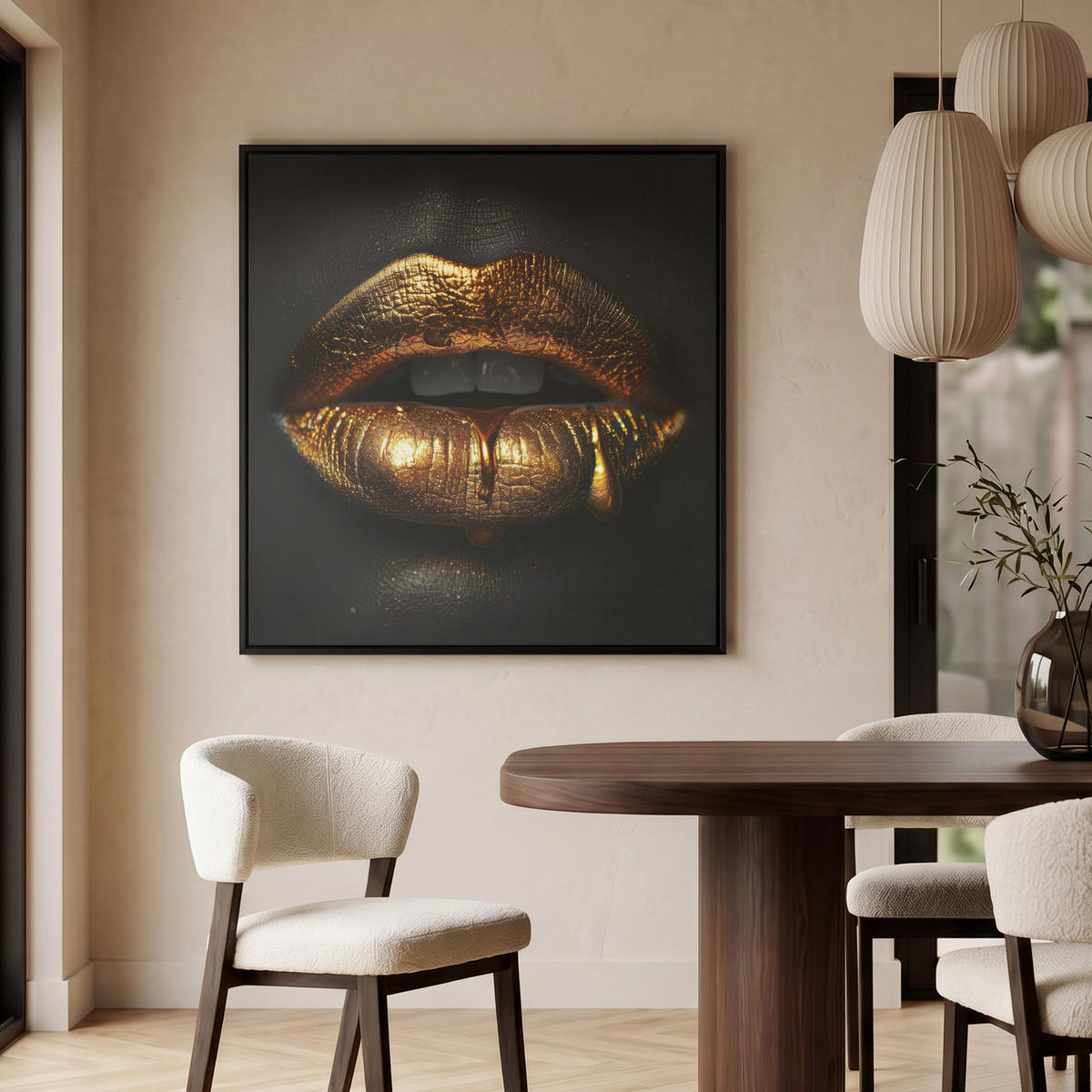 LEINWAND Bilder mit Rahmen - Frau - Porträt - Lippen - Gold - Schwarz - 90x90 - Schwarz, Textil (90/90cm) - MuchoWow