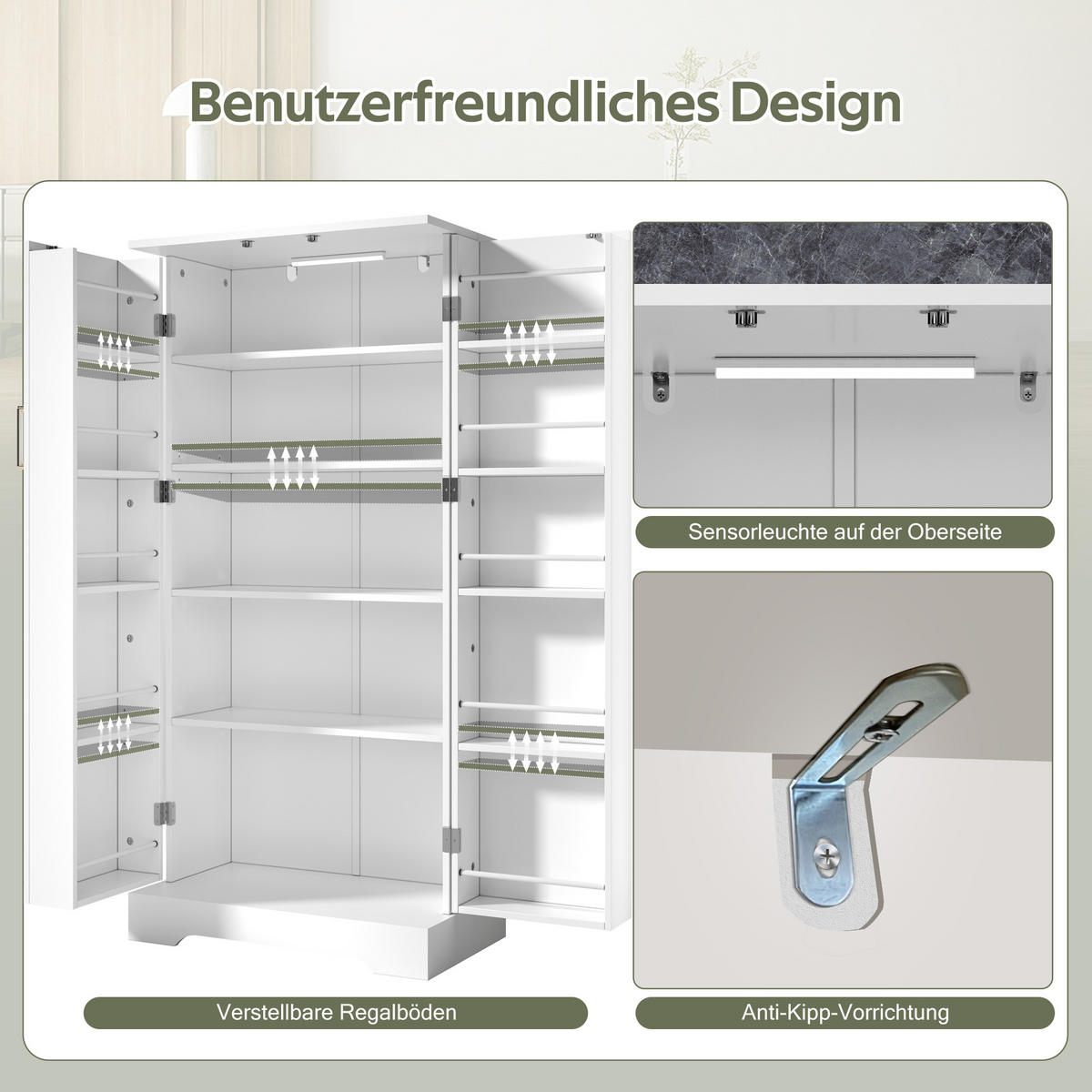 BUFFET aus MDF 60x35x128 cm Weiß mit LED-Sensorleuchte, verstellbaren Ablagen und platzsparendem Stauraum - Weiß, Holzwerkstoff (60/128/35cm) - Modfu