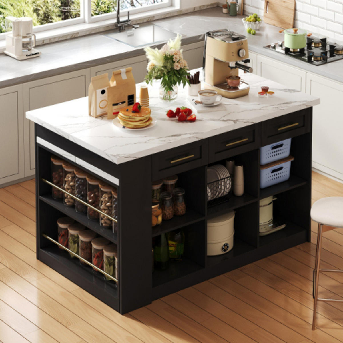 KÜCHENINSEL Schwarz-Weiß aus MDF mit integriertem ausziehbarem Esstisch 150 × 90 × 90 cm - Schwarz, Holzwerkstoff (150/90/90cm) - Luhomfu