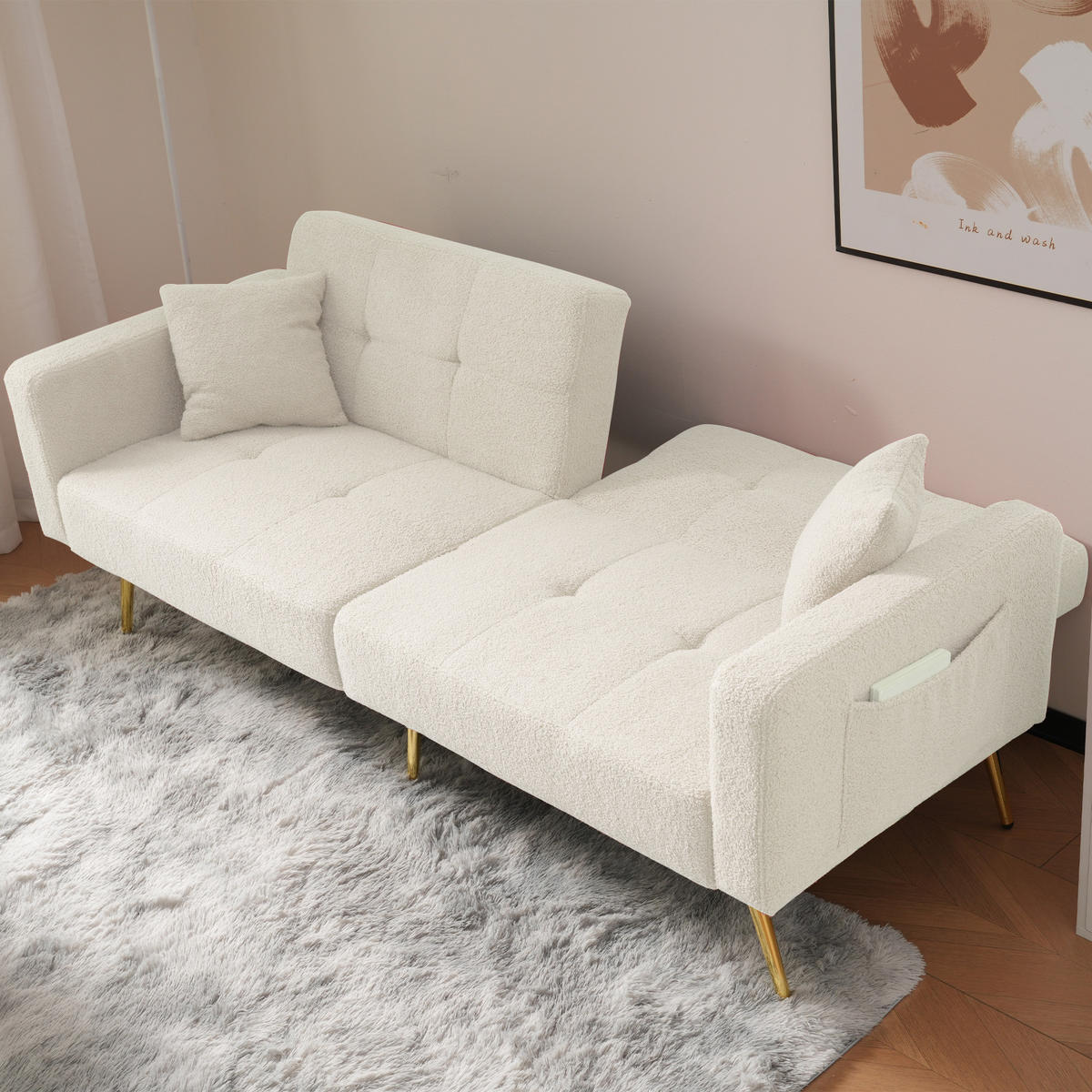 SCHLAFSOFA mit Bettfunktion, Kissen und goldfarbenen Beinen - Weiß, Kunststoff (175/72/64cm)
