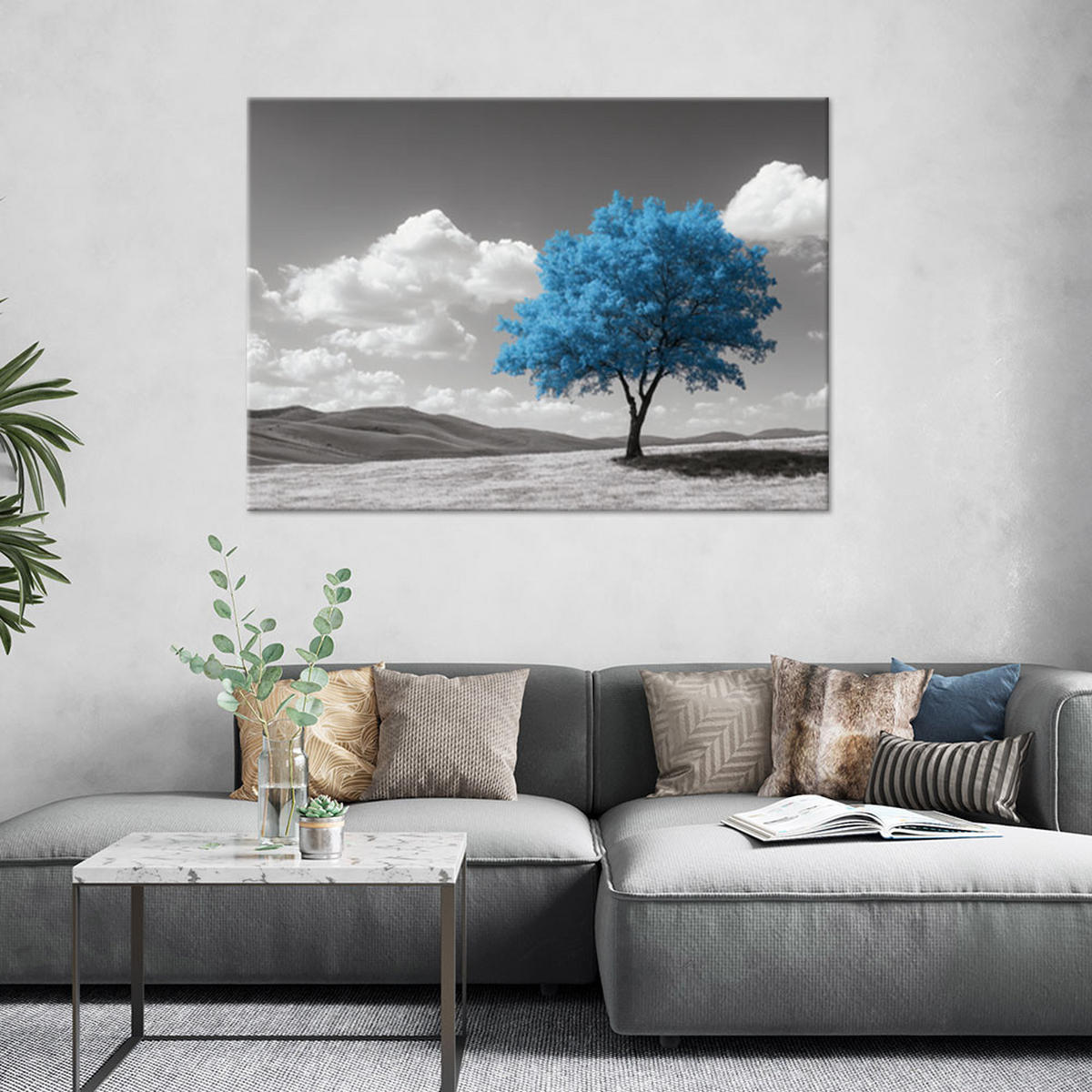 LEINWANDBILD Blaue Baum-Hochlandlandschaft - Blau, Textil (60/40cm) - Feeby