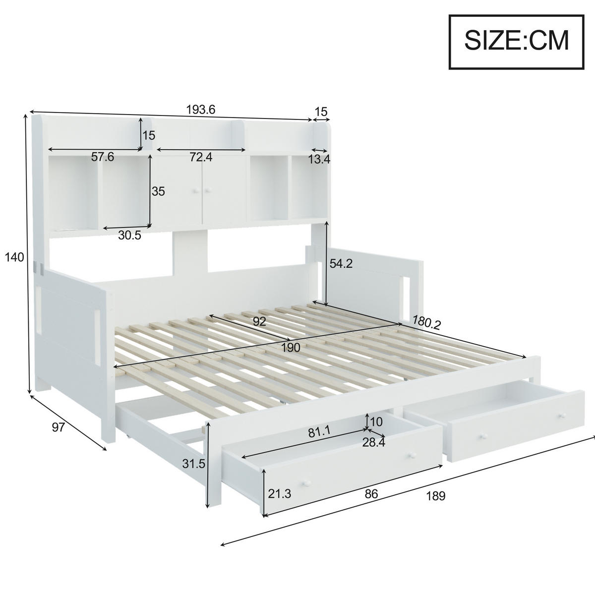 AUSZIEHBARES Schlafsofa aus Holz 90x190/180x190 cm Weiß mit Schubladen, LED-Beleuchtung und Steckdose - Weiß, Holz (90/190cm) - IVMEU
