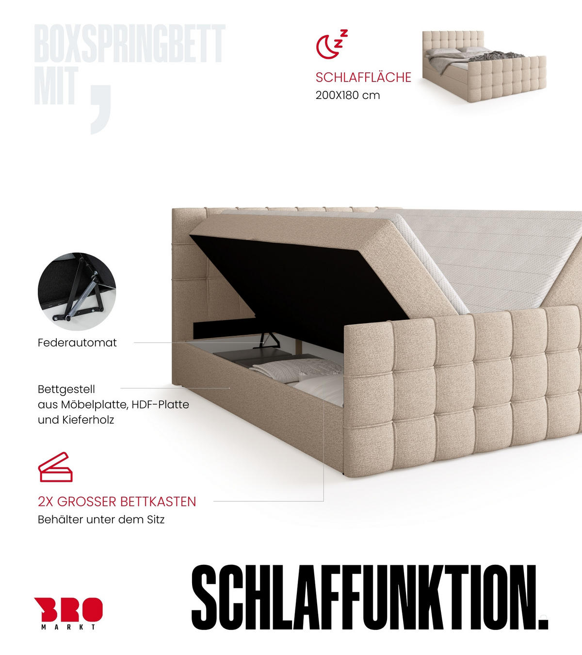 BOXBETT Detroit Duo mit Topper 180/200 Hellbeige - Ecru, Textil (180/200cm) - Bromarkt