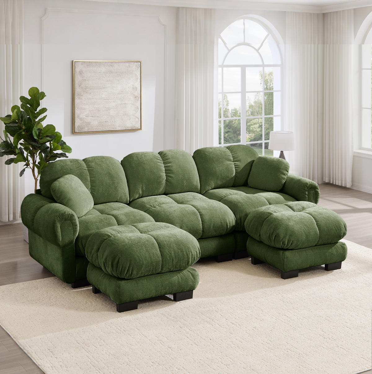 SOFA U-Form 3-Sitzer mit Hocker Chenille Grün - Grün, Holz (149/90/260.1cm) - Meubliv